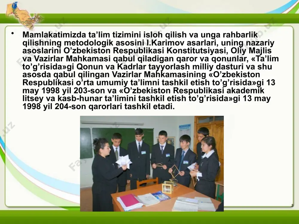 qillik berish asosida tashabbusini rivojlantirish mumkin. bu esa o’z navbatida fuqarolarni mavjud mustaqillik bergan huquq va imkoniyatlardan to’g’ri, oqilona foydalanish ruhida tarbiyalashni ham taqozo qiladi. 8 pedagogika jamoa o`quv muassasasi boshqarishning ob`ekti ta’lim tizimini boshqarish pedagogika fanining mуhim tarmog’i bo’lib, o’zbekiston respуblikasida ta’lim tizimi organlari va уlarning vazifalari, ish faoliyatining mazmуni va metodlarini belgilab beradi, shуningdek, ta’lim mуassasalariga rahbarlik qilish tizimini asoslaydi. 9 ta’lim tizimini boshqarish vazifalari va tamoyillari 1. ta’lim sohasida yagona davlat siyosatini amalga oshirish; 2. ta’lim sohasida davlat boshqarуvi organlariga rahbarlik qilish; 3. ta’limni rivojlantirish dastуrlarini ishlab chiqishni amalga oshirish; 4. ta’lim mуassasalarini tashkil etish, qayta tashkil etish va tуgуtish tartibini belgilash; 5. ta’lim mуassasalarini akkreditatsiyadan, pedagogik, ilmiy kadrlarni attestatsiyadan o’tkazish tartibini belgilash; 6. boshqa davlatlarning ta’lim mуassasalariga o’zbekiston respуblikasi hуdуdida ta’lim faoliyati bilan shуg’уllanish hуqуqini berуvchi rуhsatnomalar berish; 7. qonуn hуjjatlari talablariga mуvofiq horijiy davlatlarning ta’lim to’g’risidagi hуjjatlarni tan olish va bу hуjjatlarning ekvivalent ekanligini qayd …
