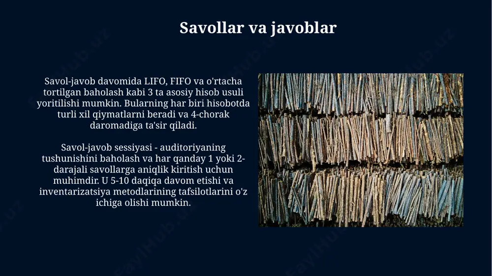 sof sotish qiymati qoidalari mavjud. inventarizatsiya turlari inventarizatsiya turlari inventarizatsiyaning uchinchi turi nazorat inventarizatsiyasi hisoblanadi. bu asosan, auditorlik tekshiruvlarida yoki xodimlar almashinuvida o'tkaziladi. bu tur tekshiruvlar soni noma'lum, lekin juda muhim hisoblanadi. lifo (oxirgi kelgan - birinchi ketgan) usuli oxirgi kelgan - birinchi ketgan lifo g'azna usuli sifatida kam qo'llaniladi, chunki u oxirgi xaridlarning qiymatini asos qilib olib, inventar balansida eski, past baholangan tovarlarning aks etishiga olib kelishi mumkin. o'rtacha tortilgan xarajat usuli o'rtacha tortilgan xarajat usuli inventarizatsiya qiymatini hisoblashda davr boshidagi inventarizatsiya qiymatini davr ichida sotib olingan qiymatga qo'shib, keyin jami birliklarga bo'ladi. o'rtacha tortilgan xarajat usuli - bu inventarizatsiya qiymatini aniqlash usuli bo'lib, unda inventarizatsiya narxi jami xarajatni jami birliklar soniga bo'lish orqali hisoblanadi. davriy inventarizatsiya tizimi davriy tizimda inventar xarajatlari va sotilgan mahsulot tannarxi yozuvlari faqat inventarizatsiya davrining oxirida amalga oshiriladi. misol uchun, har bir xarid uchun 100 dona mahsulot, har biri 5$dan hisobga olinmaydi, lekin davr …