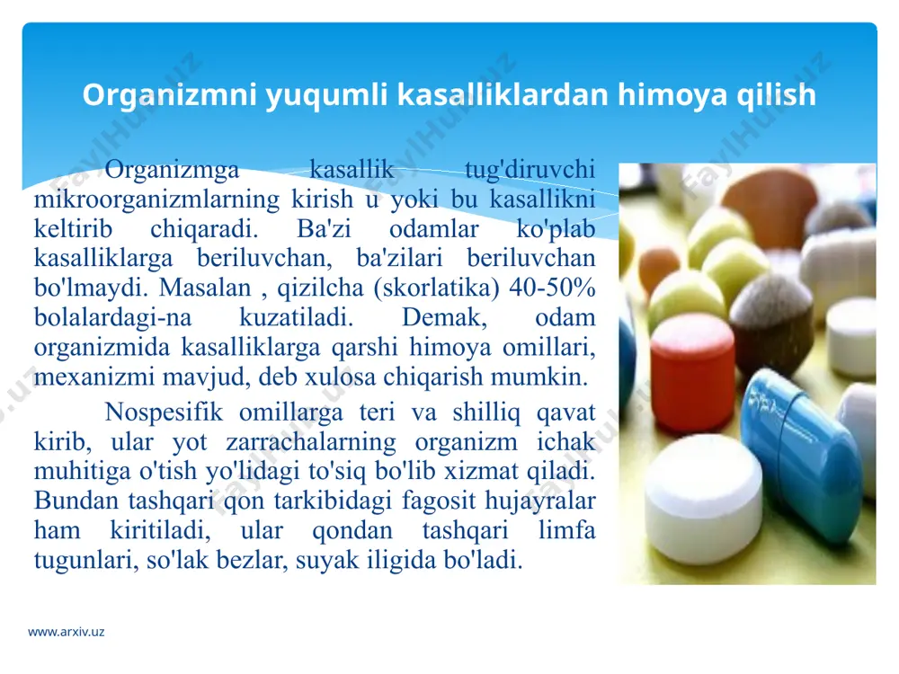 b oladi. organizm ularga qarshi ko'rsatuvchi tanachalar- antitelalar ishlab chiqaradi. ba'zan o'z organizmdagi oqsillar ham antigen xususiyatga ega bo'lib qoldi. bu zararlangan molekulalarning organizmga xos bo'lmagan tizimida qayta transformasiyasi natijasida bo'lishi mumkin. bunday zarrchalar autoantigen, unga qarshi tanachalar autoantitela deyiladi. www.arxiv.uz autoantitelalar kuyganda, ba'zi qon kasalliklarda, revmatizmda hosil bo'lishi mumkin. barcha oqsil, polisaxaridlar (ayrimlari) antigen xususiyatga ega. antigenlar soni yuz minglab hisoblanadi. organizm ularga qarshi qonda maxsus tanacha, oqsil tuzilishga ega bo'lgan-antitela ishlab chiqaradi, ular antigenlarni zararlantiradi . hozir antiyelalarning ximyaviy tuzulishi aniqlangan bo'lib,ular gamma-globulin oqsilining shakilari hisoblanadi. ular limfatik tugunlar,sulak bezlari,suyak ko'migida va boshqa joylarda hosil bo'ladi va qonga tushadi, organizmda aylanib yuradi. limfositlar va monositlar ayniqsa faol ravishda antitelarni ko'p ishlab chiqaradi. www.arxiv.uz antitelalar yot zarrachalarga turli xilda ta'sir ko'rsatadi. ba'zilari mikroorganizimlarni o'rab oladi, uchinchi xilari ularni buzib,eritib yuboradi. bunday antitelalar presipitin lar deyiladi. bakteriyalar erituvchilar bakteriolizin, toksin,ya'ni zaharni (ilon, hashorat,o'simlik ) neytrallashtiruvchi antitlalar antitoksin deb ataladi. immunitet …