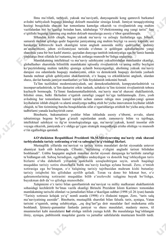 lari quyidagilardan iborat: · tarixiy hodisa va voqealarni, hujjat va faktlarni ilmiy, xolisona o‘rganish va tahlil qilish; · tarixni milliylik va umuminsoniylik asosida o‘rganish va tahlil qilish; t · tarixni haqqoniy, tarixiy-falsafiy mantiqiylik asosida o‘rganish va yozish; · tarixga milliy va umuminsoniy xotira va qadriyat sifatida hurmat va ehtirom bilan e’tiborli bo‘lish; · xalq, buyuk davlat arboblari va rahbarlari, iste’dodli va qobiliyatli, fidokor va qahramon kishilarning tarixda tutgan o‘rniga alohida e’tibor berish; · tarixiy voqea va hodisa, hujjat va faktlarning to‘g‘ri va noto‘g‘riligini aniqlashda tarixiy-tanqid usuliga amal qilish; · tarixni o‘rganishda tarixiy izchillikka amal qilish; · tarixni ilmiy-ijodiy qiyoslash va tanqidiy asosda o‘rganish; · etnografiya, arxeologiya, antropologiya, geneologiya va boshqa fanlarning yutuqlari hamda usullaridan foydalanish; · tarixni o‘rganishga vorisiylik va uzviylikka, eng muhimi mantiqiylikka amal qilish. o‘zbekiston tarixi jahon tarixi bilan hamda dinlar bilan bog‘liq. ijtimoiy hayotni dindan ajratib bo‘lmaganidek, tarixni dindan ajratib bo‘lmaydi. tarixni soxtalashtirmasdan, qanday bo‘lsa, shundayligicha o‘rganish …