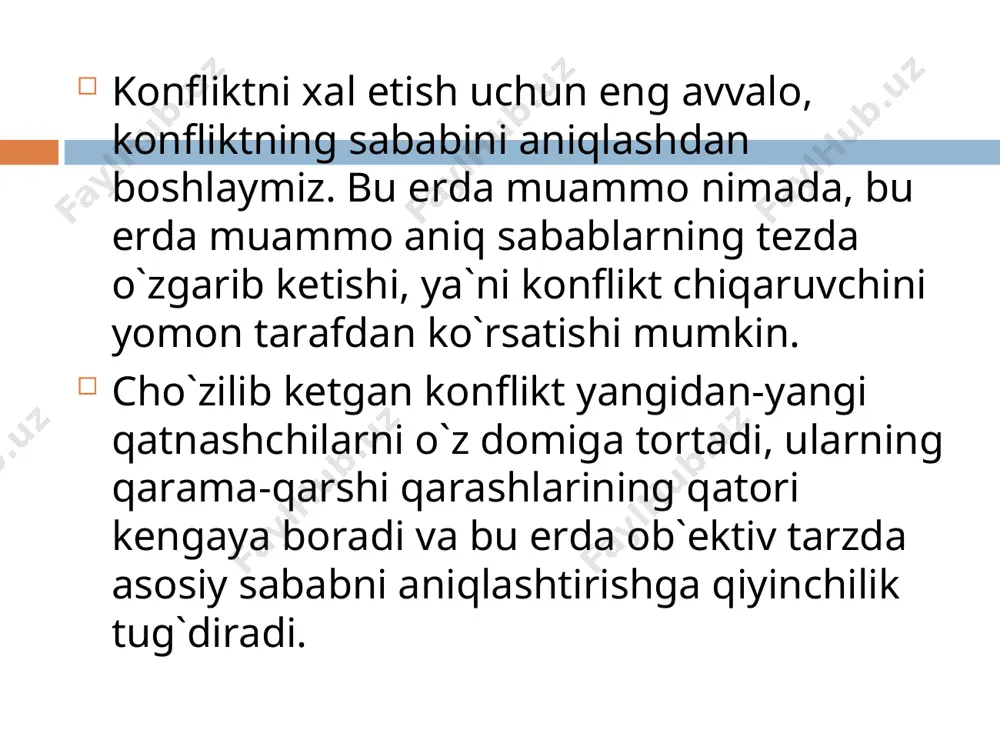 di; g) bir qator xodimlarning uncha yuqori bo’lmagan shaxsiy va ishchanlik sifatlariga ega bo’lishi tabiiyki, shunday sharoitlarda jamoada konflikt va ziddiyatni yuzaga kelishi juda yengil yuz beradi. bu ruyxatga tanglikni yuzaga keltiruvchi yana qator boshqa omillarni kiritish mumkin, masalan, boshqaruv tizimini qayta tashkil qilish, yuqori idoralarning shtatlar qisqarishi haqidagi ko’rsatmalari, ish haqini to’lash bilan bog’liq qiyinchiliklar va b. konfliktli vaziyat obyektiv ravishda bo’lg’usi qarama-qarshi taraflar erki va xohishidan tashqari (masalan, muassasada shtatlar qisqarishi) yoki taraflardan birining yoxud ikkisining xohishi bilan yuzaga kelishi mumkin. bunda shu narsa juda muhimki, har qanday vaziyat obyektiv mazmunga (u real mavjud hodisalar bilan belgilanishi mumkin) va subyektiv mazmunga (bu hodisalarga taraflarning har biri qanday ta’sir etishiga bog’liq) ega, chunki subyekt shulardan kelib chiqib konfliktda harakat qila boshlaydi konfliktli vaziyatni qabul qilish konfliktli vaziyatni qabul qilish. konfliktli vaziyatni subyektiv tarzda aks ettirish ishning haqiqiy holatiga to’g’ri kelishi shart emas. adabiyotda konfliktni anglab olish har doim o’zida …
