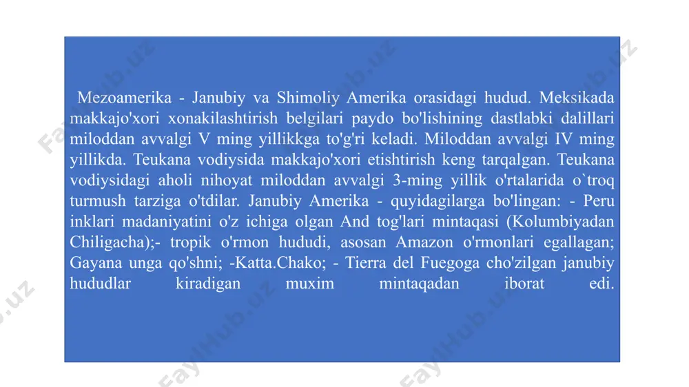 chiapasning bir qismi; gvatemaladagi peten va izabal; shimoliy-sharqiy gonduras hududlari; va beliz. shunday qilib, mayyalar mamlakati (mayapan deb nomlangan) uchta ekologik hududni o'z ichiga olgan: yukatan yarim oroli; chiapas va gvatemalaning tog'li joylari; va petening markaziy maydoni. ikkinchisi eng murakkab edi, chunki u tropik o'rmon va tez-tez yomg’ir yog`ishibilan ajralib turardi. biroq, o'sha erda bu sivilizatsiya maksimal darajada ulug'vorlikka erishdi. klassik davr milodiy 250 dan 900 gacha bo'lgan davrda sodir bo'lgan. o'sha paytdan boshlab maya sivilizatsiyasi uzoq pasayishni boshdan kechirdi, faqat yukatan yarim orolida joylashgan shaharlar bundan mustasno. bu madaniyat yana bir necha asrlar davomida o'z ulug'vorligini saqlab qoldi. ispanlarning kelishi bu sivilizatsiyaning so'nggi izlarini yo'q qildi. klassik davrning dastlabki davrida mayya shaharlari meksika vodiysida joylashgan yirik shahar teotihuakanning ta'sirini kuchaydi. ushbu shahar hukmdorlari milodiy 378 yilda tikalga harbiy ekspeditsiya yuborishgan. yangi qirollik sulolasini o'rnatdi. teotihuakan bilan aloqasi va madaniy ta`siri tikalga barcha markaziy pasttekisliklarning hukmdori bo'lishiga imkon berdi. faqatgina …