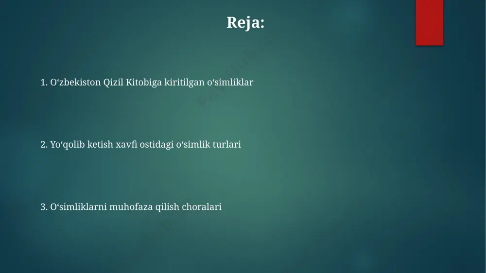 ryo viloyatining togʻli hududlarida yoʻqolib ketish xavfi ostida. kitobga kiritilgan noyob oʻsimliklar orasida 5 dan ortiq turdagi tulkiquyruqlar (alopex lagopus) va 20 dan ortiq turdagi efemeroidlar bor, ularning koʻpchiligi fargʻona vodiysida tarqalgan. oʻsimliklarni tiklash va koʻpaytirish usullari qizil kitobga kiritilgan 25 ta oʻsimlik turi uchun, toshkent shahridagi maxsus bogʻlarda, ekologik muhitni tiklash orqali, tabiiy muhitga moslashtirilgan koʻpaytirish texnologiyalari qoʻllanilmoqda. oʻzbekistonning 5 ta qoʻriqxonasida, jumladan, chatqol va qoradaryo viloyatlarida, 100 dan ortiq noyob oʻsimlik turlarini in-vitro sharoitida koʻpaytirish boʻyicha dastur amalga oshirilmoqda. namangan viloyati hududida joylashgan 3 ta milliy bogʻda, toʻqima madaniyati usuli yordamida, 15 ga yaqin yoʻqolib ketish xavfi ostida turgan oʻsimlik turlarining populyatsiyasi tiklanmoqda. dekorativ oʻsimliklar dekorativ oʻsimliklarning 15 ga yaqin turi, jumladan, noyob tulkiquyruq va boshqa endemik turlar oʻzbekistonning togʻli hududlarida, masalan, chatqol va qurama tizmalarida uchraydi. oʻzbekiston qizil kitobiga kiritilgan ba'zi dekorativ oʻsimliklarning populyatsiyasi 100 dan kam nusxani tashkil etadi, bu esa ularning yoʻqolib ketish xavfini oshiradi. …