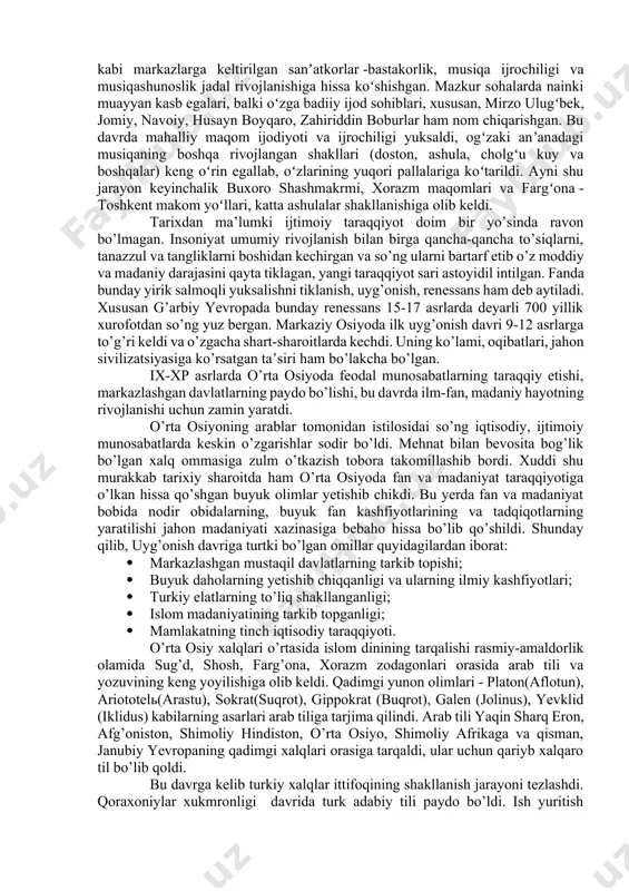 asari qoʻlyozmasi (13-asr).yuksalishga shaylangan xalq oʻz madaniyati va oʻzigacha yaratilgan bashariy yutuqlarni oʻzlashtirib, yana yuksaklikka koʻtariladi. sharq uygʻonish davri keng koʻlamli: taʼlim va tahlil, madrasamaorif rivojlangan, ulkan kutubxonalarda yuz minglab jild kitoblar yigʻilgan, „xazinat ulhikma“, „dor ululum“larda tolibi ilmlar, ustozshogirdlar suhbati bardavom edi, olimning obroʻeʼtibori yuksak qadrlandi. sharq uygʻonish davri yutuqlari gʻarbiy yevropadagi uygʻonish davriga bevosita taʼsir etgan. chunki 12—14-asrlarda musulmon olami bilan yevropa davlatlari orasida aloqa kuchaygan edi. ayniqsa, tutash chegara mamlakatlari: qurdoba (ispaniya), kavkaz, bolqon yarim orolida bu jarayon kuchli boʻlgan. yevropaliklar sharq olimlarining asarlarini lotin, ispan, yahudiy tillariga qilingan tarjimalar orqali yoxud bevosita arab tilida oʻqib oʻrganganlar. ibn sinoning „tib qonunlari“, „ashshifo“, forobiyning „ilmlar tasnifi“, ahmad fargʻoniyning „samo harakatlari va yulduzlar ilmining jami kitobi“, muxammad muso xorazmiyning „aljabr val muqobila“, ibn rushd, abu bakr roziy asarlari tarjima qilinib, keyinchalik nashr etilgan. algebra, algoritm fanlari xorazmiy asarlari tufayli shakllangan. „tib krnunlari“ 7 asr mobaynida yevropa untlarida tibbiyot darsligi …