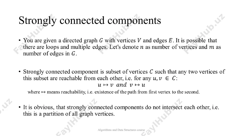 rtex is going to be a vertex from "root" strongly connected component, i.e. a vertex that no edges in a condensation graph come into. now we want to run such search from this vertex so that it will visit all vertices in this strongly connected component, but not others. doing so, we can gradually select all strongly connected components: let's remove all vertices corresponding to the first selected component, and then let's find a vertex with the largest value of , and run this search from it, and so on. strongly connected components algorithm algorithms and data structures course let's consider transposed graph , i.e. graph received from by changing direction of each edge on the opposite. obviously this graph will have the same strongly connected components, as an initial graph. more over, there will be no edges from our "root" component to other components. strongly connected components algorithm algorithms …