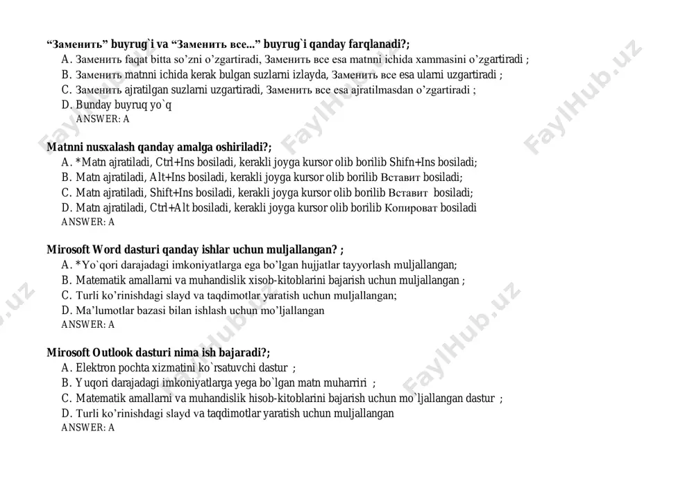 rli ko’rinishdagi slayd va taqdimotlar yaratish uchun muljallangan; d. ma’lumotlar bazasi bilan ishlash uchun mo’ljallangan answer: a mirosoft outlook dasturi nima ish bajaradi?; a. elektron pochta xizmatini ko`rsatuvchi dastur ; b. yuqori darajadagi imkoniyatlarga yega bo`lgan matn muharriri ; c. matematik amallarni va muhandislik hisob-kitoblarini bajarish uchun mo`ljallangan dastur ; d. turli ko’rinishdagi slayd va taqdimotlar yaratish uchun muljallangan answer: a mirosoft excel dasturi qanday ishlar uchun muljallangan? ; a. matematik amallarni va muhandislik xisob-kitoblarini bajarish uchun muljallangan ; b. yo`qori darajadagi imkoniyatlarga ega bo’lgan hujjatlar tayyorlash muljallangan; c. turli ko’rinishdagi slayd va taqdimotlar yaratish uchun muljallangan; d. ma’lumotlar bazasi bilan ishlash uchun mo’ljallangan answer: a mirosoft power point dasturi qanday ishlar uchun muljallangan? ; a. turli ko’rinishdagi slayd va taqdimotlar yaratish uchun muljallangan; b. yo`qori darajadagi imkoniyatlarga ega bo’lgan hujjatlar tayyorlash muljallangan; c. matematik amallarni va muhandislik xisob-kitoblarini bajarish uchun muljallangan ; d. ma’lumotlar bazasi bilan ishlash uchun mo’ljallangan …