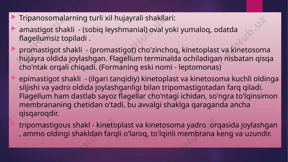 an yoʻgʻon ichakka oʻtib (bu yer ular uchun noqulay sharoit hisoblanadi), oʻz harakatini yoʻqotadi va sis-talarga aylanadi. ular najas bilan tashqariga chiqadi. lyambliya sistalari tashqi muhitda yaxshi saqlanadi. kasallik lyambliya tushgan ovqat (ayniqsa, meva va sabzavotlar) isteʼmol qilinganda va suv ichilganda, shuningdek, kir qoʻl va roʻzgʻor buyumlari orqali yuqadi. turli geografik mintaqalarda katta yoshdagi axrli orasida 5—12% hollarda najasda sista topiladi. l. aksari bolalarda uchraydi. klinik belgilari zararlangan aʼzoga qarab har xil boʻladi. koʻproq ichak va oʻt yoʻllari zararlanadi. baʼzan kasallik alomatlari roʻyrost koʻrinmay, enterit, xoletsistit va h.k. bilan birga kechishi ham mumkin. tekshirish chogʻida najasdan lyambliyalarning sistasi, oʻt (safro)dan uning vegetativ shakllarini topish mumkin. l.ning oldini olishda shaxsiy gigiyena qoidalariga qatʼiy rioya qilish talab etiladi. davosi: kasallikning kechishiga qarab trixopol, furazolidon, aminaxinol va boshqalar buyuriladi. rivojlanish sikli leyshmaniyalar leyshmaniyalar (leishmania) — kinetoplastidlar turkumiga mansub xivchinlilar urugʻi. uz. 2—4 mkm. ayrim sut emizuvchilar (odam, itlar), sudralib yuruvchilar hujayralarining ichki paraziti. …