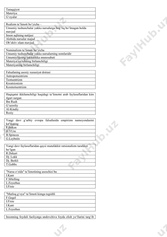 hi ta’limot ekzistensializm hayot falsafasi inson falsafasi germenevtika tushunish, tushuntirish, tahlil etish g‘oyalariga e’tibor qaratuvchi ta’limot germenevtika fenomenologiya pozitivizm neokantchilik falsafaning borliq haqidagi ta’limotini o‘rganuvchi bo‘limi ontologiya gnoseologiya aksiologiya prakseologiya ontologiya terminini birinchi bor muomalaga kiritgan faylasuf volf, g. goklenius f.bekon spinoza g.leybnits tabiatni turli xilda mavjud bo‘lish shakllari, inson jamiyati, sotsial institutlar, inson aqli mohiyatini umumiy ifodalovchi kategoriya.... olam ilohiy yaratuvchi megaolam borliq ob’ektiv reallikni aks ettiruvchi falsafiy kategoriya materiya substansiya narsalar olami ob’ektiv faoliyat borliq shakllari to‘g‘ri keltirilgan qatorni ko‘rsating tabiat borlig‘i, inson borlig‘i, ma’naviy borliq, ijtimoiy borliq individual borliq narsalar borlig‘i, vertual borliq aktual va axborotlar borlig‘i narsalarning birlamchi, ichki mohiyati substansiya materiya monada apeyron dunyoning asosini yakka narsalar tashkil qiladi deb hisoblaydigan falsafiy oqim monizm materializm dualizm plyuralizm dunyoning asosi ikki mohiyatdan iborat deb hisoblaydigan oqim tarafdorlari dualizm materializm monizm plyuralizm materiyaning atributlari harakat, fazo va vaqt xarakatsizlik makon va fazo ong va ongsizlik har qanday …