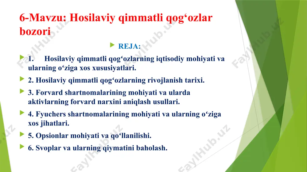 larning shakliga koʻra ularni quyidagi koʻrinishlarini ajratib koʻrsatishimiz mumkin: - forvard shartnomalari; - fyuchers shartnomalari; - opsion shartnomalari; - svoplar forvard shartnomalari -bu ikki tomonning kelishuvi boʻlib, unga koʻra bir tomon sotish majburiyatini olsa, ikkinchi tomon esa kelajakda amalga oshirishga kelishilgan maʼlum bir muddatda va oʻrnatilgan narxda bazis aktivlarni olish imkoniyatiga ega boʻladi. forvard shartnomalari birjadan tashqarida amalga oshiriladi va uni tuzish vaqtida kontragentlar biron bir xarajat qilishga majbur emas. fyuchers shartnomalari -forvard shartnomalariga oʻxshash kelishuvdir. fyucherslarning oʻziga xos xususiyati shundan iboratki, bu instrument standartlashtirilgan boʻlib, u faqatgina birja savdolarining ob’yekti sifatida namoyon boʻladi. opsion shartnomalari -ikki tomon oʻrtasidagi shartnoma boʻlib, u uning egasiga qimmatli qogʻozlarni yoki tovarlarni bitimda qayd etilgan narxda belgilangan muddatda xarid qilish huquqini beradi. svoplar -bu ikki tomonning oldindan kelishilgan shartlariga muvofiq kelajakda maʼlum bir toʻlovlarni va yoki bazis aktivlarni (kelishilgan miqdorda) almashtirish boʻyicha bitimidir. hosilaviy qimmatli qogʻozlarning asosini tashkil etuvchi bazis aktivlarga koʻra ularni quyidagilarga …
