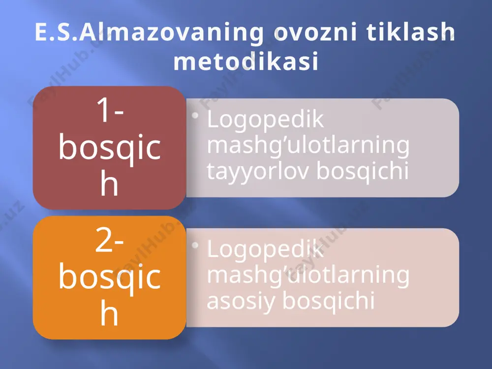 ion apparatning nafas va ovoz hosil qilish organlari bilan koordinatsiyalashgan faoliyatini ta’minlashdir. massaj a) peshana o'rtasidan chakkalar tom on va ko'z atrofida burunning ikki ko'z o'rtasidagi yuqori qismigacha; b) burunning ikki ko'z o'rtasidagi yuqori qism idan quloq oldi chuqurchasi tomon d) burun uchidan yuqoriga va pastga; e) burun uchi atrofida vinsimon harakatlar, yuqori va pastki lablarga o'tish bilan vibratsion massajda burun qanotlari m tovushini talaffuz qilish bilan bir paytda urib turiladi. massaj bilan birga bola mustaqil ravishda peshana va burnini tirishtirishni, qovog'ini solishni, qoshlarini kerishni, lunjlarini shishirishni, tabassum qilishni o'rganadi. bu mashqlar ovozga go'zallik beradi, ovozning kuchini va tem brini yaxshilaydi. f iziologiya fani m a’lumotlariga ko'ra, mimik muskullarning harakati, yuz terisiningo‘zg‘atilishi ovoz muskullarining tonusini oshiradi. taxminiy artikulatsion mashqlar: i. til harakatlari 1) tilni og'izdan tashqariga chiqarish; 2) tilni o'ngga va chapga harakatlantirish; 3) til uchi bilan yuqori va pastki lablarini yalash; 4) tilni yuqori va pastki lab orqasiga navbatma-navbat …