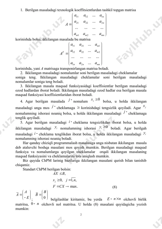 isbаtаn ikkilangan mаsаlа dеb аtаluvchi bоshqа mаsаlаni mоs qoyish mumkin. bеrilgаn mаsаlаdаgi mаqsаd funksiya vа nоmаlumlаrgа qoyilgаn chеklаmаlаr оrqаli ikkilangan mаsаlаning mаqsаd funksiyasini vа chеklаmаlаrini tolа аniqlаsh mumkin. biz quyida chpm larinig bazilariga ikkilangan masalani qurish bilan tanishib chiqamiz. standart chpm berilgan bolsin: (8) ; belgilashlar kiritamiz, bu yerda olchovli birlik matritsa, olchovli nol matritsa. u holda (8) masalani quyidagicha yozish mumkin: (9) bu masalaning korinishi (3) masala bilan mos tushadi. demak, ikkilangan masalani yozoshda tarifdan foydalanish mumkin. shunday qilib tarifga asosan (9) masala uchun ikkilangan masala quyidagicha yoziladi: (10) bu yerda, . ekanligini hisobga olib, oldingi belgilashlarga qaytsak (10) quyidagicha yoziladi: (11) bolgani uchun tenglik bolgandagina orinli boladi. shuning uchun (8) masalaga ikkilangan masala (12) korinishda boladi. chpm quyidagi berilgan bolsin: (13) malumki, u holda (13) masalani quyidagicha yozish mumkin: (14) belgilashlar yordamida (14) masalani quyidagicha yozib olamiz: (15) (15) masalaga ikkilangan masalani, (12) ga asosan, yozamiz: bu yerda, …