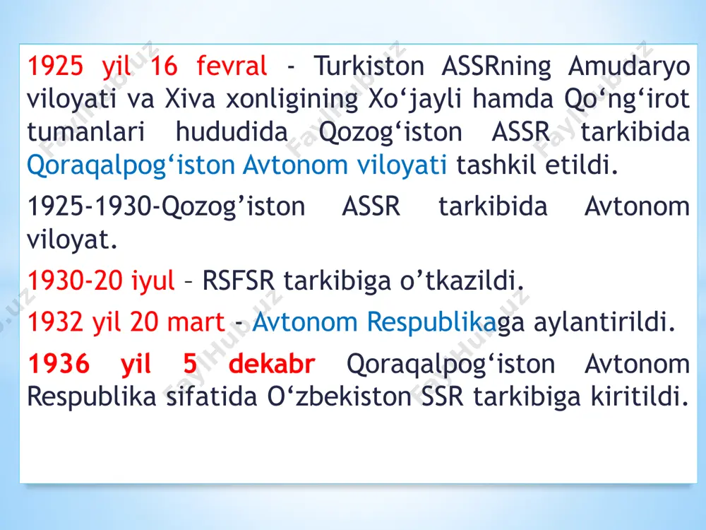 l 25 dekabr - qoraqalpog‘iston respublikasi konstitutsiyasiga asosan oliy kengashning 75 deputatdan iborat yangi tarkibi saylandi. ўзбекистон республикасининг конституцияси хvii боб қорақалпоғистон республикаси 70-модда. суверен қорақалпоғистон республикаси ўзбекистон республикаси таркибига киради. қорақалпоғистон республикасининг суверенитети ўзбекистон республикаси томонидан муҳофаза этилади. 71-модда. қорақалпоғистон республикаси ўз конституциясига эга. қорақалпоғистон республикасининг конституцияси ўзбекистон республикасининг конституциясига зид бўлиши мумкин эмас. 72-модда. ўзбекистон республикаси қонунлари қорақалпоғистон республикаси ҳудудида ҳам мажбурийдир. 73-модда. қорақалпоғистон республикасининг ҳудуди ва чегаралари унинг розилигисиз ўзгартирилиши мумкин эмас. қорақалпоғистон республикаси ўз маъмурий-ҳудудий тузилиши масалаларини мустақил ҳал қилади 74-модда. қорақалпоғистон республикаси узбекистон республикаси таркибидан қорақалпоғистон республикаси халқининг умумий референдуми асосида ажралиб чиқиш ҳуқуқига эга. 75-модда. ўзбекистон республикаси билан қорақалпоғистон республикасининг ўзаро муносабатлари ўзбекистон республикаси ва қорақалпоғистон республикаси ўртасида ўзбекистон республикаси конституцияси доирасида тузилган шартномалар ҳамда битимлар билан тартибга солинади. sanoati taxiatosh issiqlik elektr stansiyasi (о‘rtacha yillik quvvati 443,4 mvt). 1993 yil - «nukuskabel» ishga tushirildi. 1993 yil - qо‘ng‘irot un zavodi 1993 yil - …