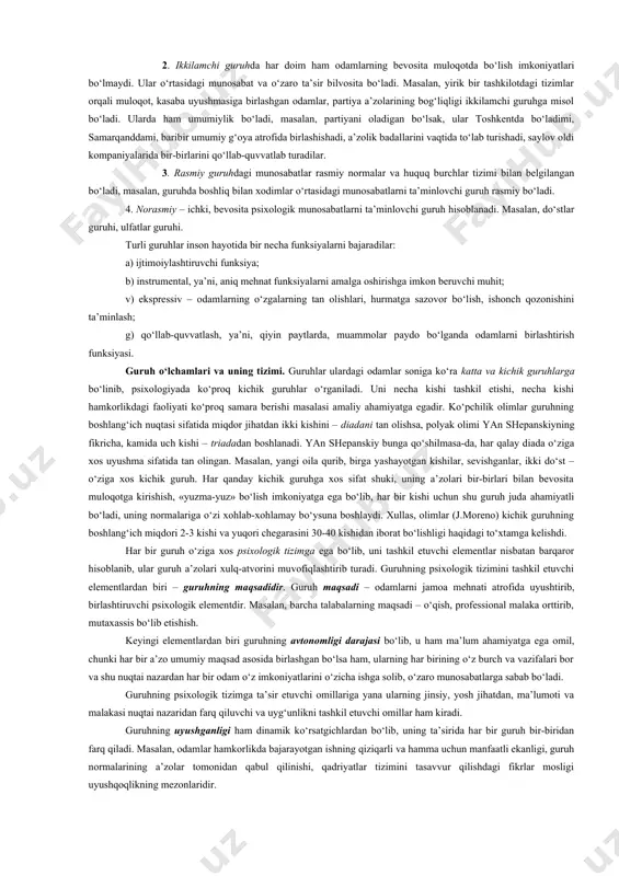 a har bir oilada shunday harakatlarga nisbatan ijobiy ustanovka shakllanadi. bunda bola uchun referent rolini ota-onasi, kattalar, mahalladagi hurmatli insonlar o‘ynaydi. 2. qiyoslash guruhlari – bu shunday guruhki, shaxs o‘sha guruhga kirishni, uning ma’qullashiga muxtoj bo‘lmaydi, lekin o‘z harakatlarini yo‘lga solishda unga asoslanadi va korreksiya qiladi. masalan, talabalar guruhida shunday yoshlar bo‘lishi mumkinki, shaxs ular bilan umuman muloqotda bo‘lmaydi, ularning fikrlari yoki qarashlarini yoqlamaydi, lekin bu guruh aynan o‘shalarga o‘xshamaslik va o‘z ustida ko‘proq ishlashga o‘zini safarbar qilish uchun kerak bo‘ladi, yoki talaba-yoshlar sessiya yakunlariga ko‘ra differensial stipendiya oladilar. o‘rtacha o‘zlashtiruvchi talaba uchun «hamma talabalar» oladigan stipendiya miqdorini nazarda tutib, o‘zini tinchlantiradi, a’lochi esa, o‘zinikini nafaqat oddiy, o‘rtachalar bilan balki, davlat stipendiyalarini oladiganlar bilan ham solishtiradi. ko‘rsatgichlar qanchalik yuqori bo‘lsa, shunga mos da’vogarlik darajasi ham yuqori bo‘ladi, shaxsning qiyoslash guruhlari ham ortiqroq bo‘ladi. 3.negativ guruhlar – shundayki, shaxs ularning xatti-harakatlaridan ataylab voz kechadi, chunki ular shaxsiy qarashlardan mutloq farq qiladi. …