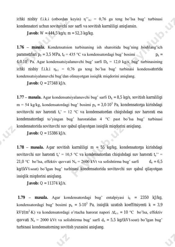 kj/kg s, kj/(kg.k) t0 = 435 os ia.k = 2120 с. 29,0 t,/0,121 t.b. ' kgkjik bir sekund mobaynida kondensatorda kondensatsiyalanuvchi bug’dan olinayotgan issiqlik miqdori (1.49) formulaga asosan: ./18530121242006,8' skjiidq kkk kondensatordagi o’rtacha harorat napori (1.52) formuladan quyidagicha aniqlanadi: .10 2 2414 29 2 ''' ..' s tt tt ss btro  kondensatorning sovitish yuzasini (1.51) formuladan aniqlaymiz: .2,463 104 18530 2 ' m tk q f ro 1.81 – masala. agar kondensatordagi sovituvchi suv sarfi w = 450 kg/s, sovitish karraliligi m = 55 kg/kg, kiruvchi bug’ entalpiyasi ik = 2400 kj/kg, kondensatordagi bug’ bosimi pk = 4 10 3 pa, kondensatorga kirayotgan sovituvchi suvning harorati ts’ = 12 °с , kondensatordan chiqishdagi suv harorati ts’’ = 22 °с va issiqlik uzatish koeffitsiyenti k = 3,7 kvt/(m 2 k) ga teng bo’lsa, bug’ turbinasi kondensatorning sovitish yuzasini aniqlang. javob: fk = 420,9 m 2 . 1.82 – masala. agar …