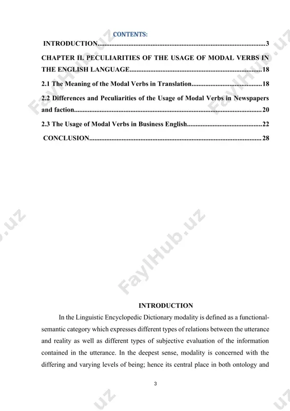 v. korunets studied ways and means of expressing modality in english and ukrainian. in frank robert palmer’s works modality is concerned with mood and with modal markers such as english modal verbs. the object of this research is means of expressing modality. the subject of this study is the category of modality and its implementation in the text. the aim of the given work is research modality, its formation and difficulties connected with their usage. also, to show the peculiarities of modal verbs, how modal verbs can be used, translate, in what case we need to use one or the other modal verbs and why. to accomplish the aim the following tasks are set: analyze the peculiarities of the modality learnt the notion of modality examine the usage of modal verbs in different styles. theoretical and methodological basis of the research were the works of both russian and foreign linguists …