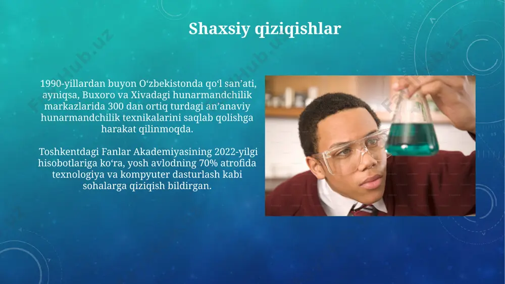 uqori texnologiyalar sohasida sezilarli o'sishga olib keldi, bu esa yangi kashfiyotlar va ixtirolar sonini 10 baravar oshirdi. ilm-fanning afzalliklari ilm-fan, 21-asrda 7 milliarddan ortiq global aholi muammolarini hal qilishda, masalan, oʻzbekistondagi suv resurslarini boshqarishda, hal qiluvchi rol oʻynaydi. ilmiy tadqiqotlar, 50 yildan ortiq davom etgan texnologiyalar rivojiga, masalan, kompyuter texnologiyalari yoki tibbiyot sohasidagi kashfiyotlarga hissa qoʻshdi. hunarmandchilik kasblari haqida toshkentdagi hunarmandchilik bozorlarida 1000 dan ziyod hunarmand o'z mahsulotlarini, masalan, qo'lda ishlangan gilam va zargarlik buyumlarini sotadi, bu esa iqtisodiyotga sezilarli hissa qo'shadi. hunarmandchilik, o'zbekistonning boy madaniy merosining muhim qismidir, 500 dan ortiq an'anaviy hunarmandchilik turlarini o'z ichiga oladi, jumladan, buxoroda yashovchi ustalar tomonidan yaratilgan noyob kulolchilik buyumlari. kelajakdagi istiqbollar: hunarmandchilik yangi avlod hunarmandlari ijtimoiy tarmoqlar orqali o'z mahsulotlarini 10000 dan ortiq obunachiga ega bo'lgan sahifalar orqali butun dunyoga yetkazmoqda, bu esa global miqyosda 20% ga yaqin daromad o'sishini ta'minlaydi. hunarmandchilikning jahon bozoridagi ulushi 2025 yilga borib 15% ga o'sishi kutilmoqda, …
