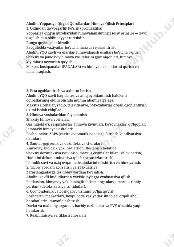 fv lar klassifikatsiyasi favqulodda vaziyatlar ularning vujudga kelish sabablariga (manbalarga) ko‘ra tasnif qilinadi va ular ushbu vaziyatlarda zarar ko‘rgan odamlar soniga, moddiy zararlar miqdoriga va komamlariga (hududlar chegaralariga) qarab lokal, mahalliy, respublika va trans-chegara turlariga bominadi atlar. 1. lokal favqulodda vaziyatga favqulodda vaziyat natijasida 10 dan ortiq bommagan odam zararlangan, yoxud 100 dan ortiq bommagan odamning hayot faoliyati sharoitlari buzilgan, yoxud moddiy zarar favqulodda vaziyat paydo bomgan kunda eng kam oylik ish haqi miqdorining 1 ming baravaridan ortiq bommaganini tashkil etadigan hamda favqulodda vaziyat zonasi ishlab chiqarish obyekti yoki ijtimoiy maqsadli obyekt hududi tashqarisiga chiqmaydigan favqulodda vaziyat tegishli bomadi. 2. mahalliy favqulodda vaziyatga favqulodda vaziyat natijasida 10 dan ortiq, biroq 500 dan ko‘p bommagan odam zararlangan, yoxud 100 dan ortiq biroq 500 dan ko‘p bommagan odamning hayot faoliyati sharoitlari buzilgan, yoxud moddiy zarar favqulodda vaziyat paydo bomgan kunda eng kam oylik ish haqi miqdorining 1 ming baravaridan ortiqni, biroq 0,5 …