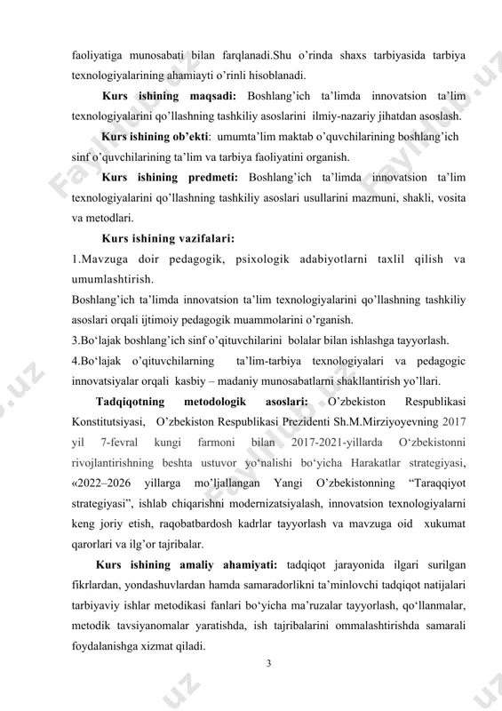kni ta’minlovchi tadqiqot natijalari tarbiyaviy ishlar metodikasi fanlari bo‘yicha ma’ruzalar tayyorlash, qo‘llanmalar, metodik tavsiyanomalar yaratishda, ish tajribalarini ommalashtirishda samarali foydalanishga xizmat qiladi. kurs ishining tarkibiy tuzilishi va hajmi: ish kirish, 4ta reja, xulosa va foydalanilgan adabiyotlar ro`yxatidan iborat bo`lib, jami 25 sahifani tashkil qiladi. 1. ta’lim tarbiya jarayonini texnologiyalashtirishda o’qituvchi innovatsion faoliyatning dolzarbligi. tarbiya tushunchasi o’sib kelayotgan avlodda hosil qilingan bilimlar asosida aqliy kamolot dunyoqarashni, insoniy e’tiqod, burch va ma‘suliyatni, jamiyatimiz kishilariga xos bo’lgan axloqiy fazilatlarni yaratishdagi maqsadni ifodalaydi. shu ma‘noda tarbiya deb tarbiyachi o’zi hoxlagan sifatlarni tarbiyalanuvchilar ongiga singdirish uchun ularning ruiyatiga ma‘lum maqsadga ko’ra tizimli ta‘sir ko’rsatishga aytiladi. hozirgi zamon pedagogikasida tarbiya tarbiyachining tarbiyalanuvchi shaxsiga oddiy ta‘sir ko’rsatishi emas, balki tarbiyachilar va tarbiyalanuvchilarning aniq bir maqsadga qaratilgan, bir-biri bilan hamkorlikda qiladigan munosabatlari va o’zaro ta‘sir ko’rsatishi ekanligi alohida ta‘kidlanadi. tarbiya jarayonida kishining turli qobiliyatlari rivojlanadi, goyaviy, axloqiy, estetik xislatlari shakllanadi, tabiatga, jamiyatga ilmiy qarashlar tizimi tarkib topadi, jismoniy …