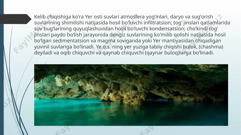 tutash oqimlar hosil qiladi. karst suvlari yuzaki suvlar bilan o`ziga xos aloqasi bilan ajralib turadi. ko`p xollarda yuzaki suvlar o`z harakati davomida karst rivojlangan maydonlarga kelib, yer ostiga singib ketadi, so`ngra tog`-yonbag`irliklaridan, daryo qirg`oqlaridan mo`l suvli buloqlar tarzida yer yuzasiga chiqadi. e’tiboringiz uchun rahmat image1.jpeg image2.jpeg image3.jpeg image4.jpeg image5.jpeg image6.jpeg image7.jpeg image8.jpeg image9.jpeg image10.jpeg image11.jpeg image12.png image13.jpeg image14.png image15.png image16.png