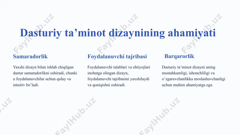 h foydalanuvchi interfeysi foydalanuvchilar bilan dastur o’rtasidagi o’zaro ta'sirni ta'minlaydigan qism loyihalanadi. grafik dizayn dasturning tashqi ko’rinishi, ranglar, fonlar, rasmlar va boshqa vizual elementlar tanlanadi. interfeys elementlari tugmalar, menyular, matn maydonlari va boshqa interfeys elementlari dizayn qilinadi va joylashtiriladi. 6 prototiplarni yaratish va sinov 1 prototip 2 sinov yaratilgan prototip foydalanuvchilarga sinovdan o’tkaziladi va ularning fikrlari va takliflarini o’rganiladi. 3 takomillashtirish olingan fikrlar asosida prototip takomillashtiriladi va qayta sinovdan o’tkaziladi. mahsulotning dastlabki namunasi 7 dasturiy ta’minotni yaxshilash 1 xatolarni tuzatish sinov jarayonida aniqlangan xatolar tuzatiladi va dastur takomillashtiriladi. 2 o’zgarishlarni kiritish dasturga yangi funksiyalar qo’shilishi, o’zgarishlar kiritilishi va ularning ishga tushirilishi amalga oshiriladi. 3 tizimni optimallashtirish dasturning samaradorligi va ishlashini yaxshilash uchun optimallashtirish ishlari olib boriladi. 8 oraliq natijalarni taqdim etish va qayta ko’rib chiqish 1 taqdimot dizayn jarayonining oraliq natijalari manfaatdor tomonlarga taqdim etiladi. 2 muhokama taqdim etilgan natijalar muhokama qilinadi va kerak bo’lsa, o’zgartirishlar kiritiladi. 3 tasdiqlash tasdiqlangan …