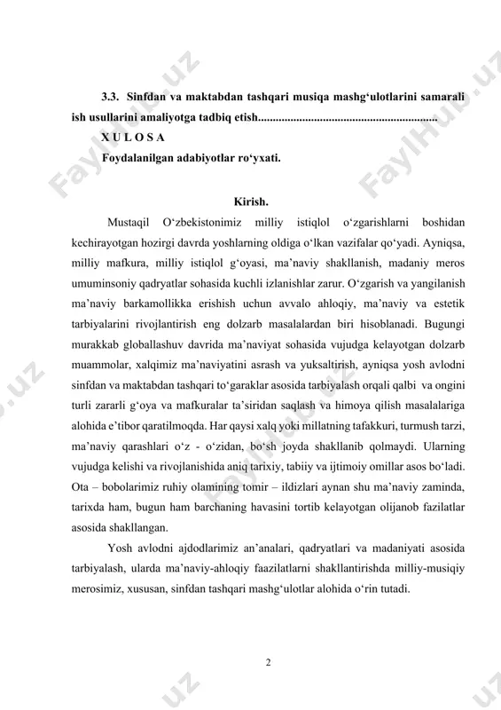 gi murakkab globallashuv davrida ma’naviyat sohasida vujudga kelayotgan dolzarb muammolar, xalqimiz ma’naviyatini asrash va yuksaltirish, ayniqsa yosh avlodni sinfdan va maktabdan tashqari to‘garaklar asosida tarbiyalash orqali qalbi va ongini turli zararli g‘oya va mafkuralar ta’siridan saqlash va himoya qilish masalalariga alohida e’tibor qaratilmoqda. har qaysi xalq yoki millatning tafakkuri, turmush tarzi, ma’naviy qarashlari o‘z - o‘zidan, bo‘sh joyda shakllanib qolmaydi. ularning vujudga kelishi va rivojlanishida aniq tarixiy, tabiiy va ijtimoiy omillar asos bo‘ladi. ota – bobolarimiz ruhiy olamining tomir – ildizlari aynan shu ma’naviy zaminda, tarixda ham, bugun ham barchaning havasini tortib kelayotgan olijanob fazilatlar asosida shakllangan. yosh avlodni ajdodlarimiz an’analari, qadryatlari va madaniyati asosida tarbiyalash, ularda ma’naviy-ahloqiy faazilatlarni shakllantirishda milliy-musiqiy merosimiz, xususan, sinfdan tashqari mashg‘ulotlar alohida o‘rin tutadi. o‘zbekiston respublikasi birinchi prezidenti i.a.karimov ta’kidlaganidek: “jamiyatda yuksak ma’naviy fazilatlarni kamol toptirish, milliy mafkurani shakllantirish, yoshlarni boy ma’daniy merosimiz, tarixiy an’analarimizga, umuminsoniy qadryatlarga hurmat. vatanga muhabbat ruhida tarbiyalash-mamlakatimizda amalga oshirilayotgan barcha …
