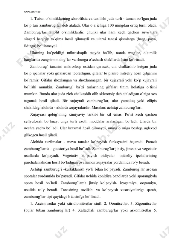 sporangiyda spora hosil bo`ladi. zamburug`larda jinsiy ko`payish- izogamiya, oogamiya, usulida ro`y beradi. tanasining tuzilishi va ko`payish xususiyatlariga qarab, zamburug`lar tipi quyidagi 6 ta sinfga bo`linadi. 1. arximitsetlar yoki xitridiomitsetlar sinfi. 2. oomitsetlar. 3. zigomitsetlar (bular tuban zamburug`lar) 4. xaltachali zamburug`lar yoki askomitsetlar 5. bazidiyeli zamburug`lar yoki bazidiyamitsetlar (bular yuksak zamburug`lar). 6. takomillashmagan zamburug`lar. 1. arximitsetlar sinfi - tanasi yalong`och - yaxshi rivojlanmagan mitseliy rizomitseliydan iborat 3 xil ko`payadi (vegetativ, jinsiy, jinssiz). ular yosh karamni ildiz bo`g`izini zararlaydi. qora oyoq kasalligini keltirib chiqaradi. unga qarshi ko`rashish uchun tuproqqa ishlov berib namlikni kamaytirish kerak. 2. oomitsetlar sinfi mitseliysi shoxlangan alohida xujayralarga bo`lingan bo`ladi. masalan: fitoftora zamburug`i kartoshka, pomidor va poliz ekinlari bargida qo`ng`ir dog`lar hosil bo`ladi. 3. zigomitsetlar sinfi. namiqib qolgan nonda, go`ngda va boshqa organik substrotlarda oq tuksimon g`ubor shaklda paydo bo`ladi. (mog`or zamburug`i). 4. xaltachali zamburug`lar - bularda hosil bo`lgan zigota xaltachaga aylanadi. xaltachani ichida sporalar hosil bo`ladi. ular unshudring, …