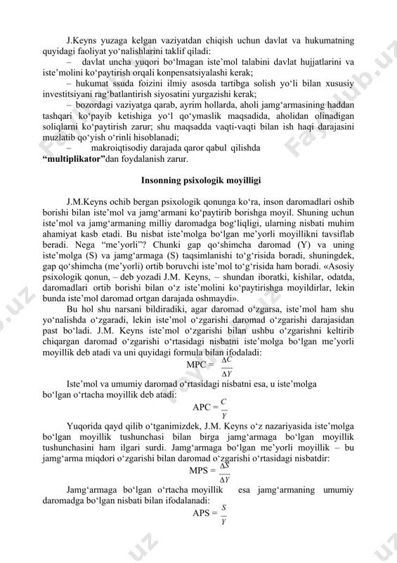 hsulot miqdorining o‘zgarishi o‘rtasidagi bog‘liqlik keynschilik tadqiqotinig markaziy ob’ektini tashkil etadi. agar yalpi talab kamaysa, unda u ishlab chiqarishning pasayishiga va mehnatga bo‘lgan talabning qisqarishiga olib keladi. buning natijasida majburiy ishsizlik vujudga keladi. nega talab taklifdan orqada qolib ketadi, jami xarajatlar va jami daromadlarning doimiy muvofiqligini ta’minlovchi sey qonuni amal qilmaydimi? j.m.keyns “sey qonuni”ning dogmatik qoidalari tarafdorlarini keskin va dalillar asosida tanqid qildi. bu borada u shunday yozadi: «sey va rikardo davridan boshlab iqtisodchi – klassiklar o‘rgatdilar: taklif o‘zi talabni keltirib chiqaradi… mahsulotning barcha qiymati bevosita yoki bilvosita mahsulot sotib olishga sarflangan bo‘lishi kerak». j.m.keyns klassiklarning bu tezisini tanqid qilib, u faqat iqtisodiy hayotda pul hech qanday mustaqil rol o‘ynamaydigan natural ayirboshlash sharoitida amal qilishi mumkinligini ko‘rsatib berdi. shuning uchun, uning ta’kidlashicha, «sey qonuni… to‘la ish bilan bandlikka erishishda hech qanday to‘siq yo‘q degan taxmin bilan bir narsadir». j.m.keyns o‘zining o‘sha davrdagi «inqilobiy» metodologik tadqiqotiga asoslangan holda o‘tmishdoshlaridan farqli o‘laroq …