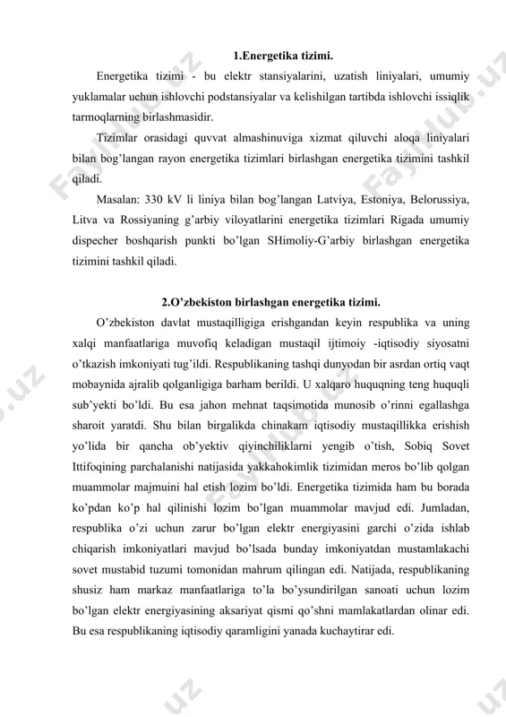 atlardan olinar edi. bu esa respublikaning iqtisodiy qaramligini yanada kuchaytirar edi. mamlakatimiz mustaqillikka erishgach, ko’pgina sabablar tufayli mazkur muammolarni darhol, bir zumda hal qilib bo’lmasligi ravshan edi. buning uchun ancha uzoq davr, aniq maqsadni ko’zlab fidokorona mehnat qilish, eng muhimi, iqtisodiy islohotlarning aniq -ravshan, amaliy dasturiga ega bo’lishi zarur bo’ldi. respublikada shunday dastur bor edi va u izchillik bilan amalda joriy qilindi. 10 mustaqillik yillarida respublikamizning birinchi prezidenti i. karimov tomonidan mamlakatni sifat jihatdan yangi mavqega o’tishning puxta o’ylangan dasturi hisoblangan va iqtisodiy rivojlanishning milliy tizimi bo’lgan «o’zbek modeli» ishlab chiqildi. ushbu modelni tashkil etuvchi 5 ta asosiy qoida o’zbekiston davlat qurilishi va iqtisodiyotini isloh qilish dasturining o’zagini tashkil etdi. mazkur dasturlar asosida iqtisodiyotimizning barcha sohalari qatori energetika sohasida ham islohotlar jadal sur’atlarda amalga oshirila boshlandi. bu islohotlarning muvaffaqiyati, avvalo, sohaning huquqiy asosini yaratish bilan bog’liq edi. islohotlar asosan bosqichma bosqich amalga oshirildi. davlat qurilishi va iqtisodiyotni isloh qilish sohasidagi …