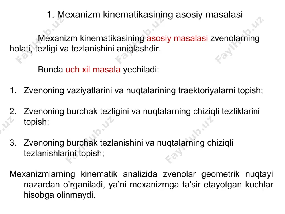 ning masshtabi; - ab zvenoning haqiqiy uzunligi, m; - ab zvenoning chizmadagi uzunligi, mm; masalan, oa krivoshipning uzunligi, chizmada krivoship uzunligi 50 mm deb qabul qilindi, demak qolgan zvenolarning chizmada uzunliklari quyidagicha aniqlanadi: 2. mexanizm kinematik sxemasini chizish. krivoship-polzunli mexanizmning kinematik sxemasi a0 a1 a2 a3 a4 a5 a6 a7 a8 8 o1 b1 b3 b4 a9 a10 a11 b2 b0 b5 b6 s1 s2 s3 s4 s5 s6 s3 2. mexanizm kinematik sxemasini chizish. 6 2. mexanizm kinematik sxemasini chizish. 2. mexanizm kinematik sxemasini chizish. 3.tezlik va tezlanishalrini grafik differentsiyalash usulida aniqlash. polzunning tezlik va tezlanishlari grafik differentsiyalash usuli yordamida quriladi. polzunning tezliklarini aniqlash uchun siljish diagramasi (grafigi) differentsiyallanadi. polzunning tezlanishlarini aniqlash uchun tezliklar diagramasi (grafigi) differentsiyallanadi. kinematik diagrammalarning masshtablari krivoship 1 sek 20 marta aylansa, 0,05 sekda 1 marta aylanadi. vaqt masshtabi: tezliklar masshtabi tezlanishlar masshtabi 4. analitik usulga krivoship-polzun mexanizmning kinematik ko’rsatkichlarini aniqlash - polzunni harakat tenglamasi …