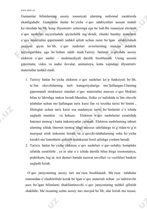 hi mumkin. · an`anaviy nashrlar: elektron ma`ruza matnlari, tayanch konspektlar, nazariy materialni o`rganish bo`yicha uslubiy qo`llanmalar va hokazo. amaliy mashg`ulot – nazariy bilimlarni manbalarni muhokama qilish va amaliy masalalarni echish orqali mustahkamlashga qaratilgan o`quv jarayonining tashkil etilish shaklidir. amaliy mashg`lotlarda foydalaniluvchi electron o`quv nashrlari o`rganuvchiga mavzu bo`yicha , mashg`ulotni o`tkazish tartibi va maqsdi to`g`risida ma`lumot berishi, bilimlarni nazorat qilishi, kerakli nazariy material va amaliy ko`rsatmalarni taqdim etishi, o`rganuvchilar bilimini baholashi kerak. tarixchilar uchun amaliy mashg`ulotlarning asosiy shakli seminar mashg`ulotlari bo`lib hisoblanadi. ushbu ta`lim shakli o`quv va ilmiy materialga nisbatan tadqiqot nuqtai nazarini shakllantiradi. seminar mashg`ulotlarida foydalaniladigan elektron o`quv nashrlari qatoriga xrestomatiyalarni, xujjat va materiallar to`plamlarini, ma`ruzalarning tayanch konspektlarini, electron darslik va boshqalarni kiritish mumkin. o`quv jarayoniga axborot texnologiyalarining tadbiq etilishi talabalarning mustaqil o`zlashtiradigan bilimlari xajmining ortib borishi bilan birga ketmoqda.aslida elektron o`quv nashrlarining barcha mavjud turlari mustaqil ta`limni tashkil etish uchun asos bo`lishi mumkin. bu jarayonda axborot texnologiyalaridan foydalanish elektron …