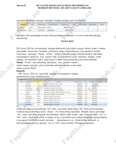 ms access 2010 da ma’lumotlarni berilgan shablon bo‘yicha izlash va qayta ishlash — DOCX