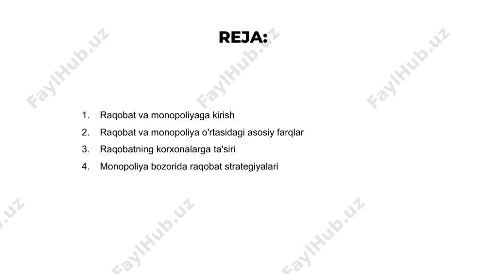 oq tanlovga olib keladi. monopoliya bozorida raqobat strategiyalari venus is the second planet from the sun mercury is the closest planet to the sun jupiter is the biggest planet of them all 1 2 3 raqobat va monopoliyani davlat tomonidan tartibga solish raqobat va monopoliya ikki qarama-qarshi bozor tuzilmasi bo'lib, ular davlat tomonidan tartibga solishni talab qiladi. raqobat korxonalarni yaxshiroq mahsulotlar va arzon narxlarni taqdim etishga undash orqali samaradorlik va innovatsiyalarni rag'batlantiradi. boshqa tomondan, monopoliyalar iste'molchilarni ekspluatatsiya qilish va raqobatni bo'g'ish imkoniyatiga ega, shuning uchun davlat aralashuvi zarur. e'tiboringiz uchun rahmat