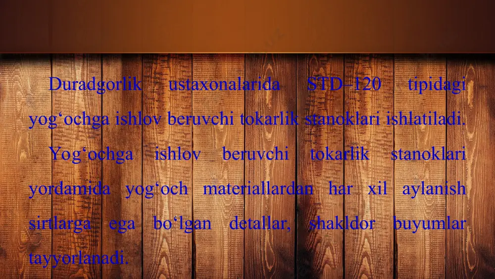 mli yog‘ochlarni markazda tutib turish va keskich (parma)larni o‘rnatish imkonini beradi (33-rasm). 33-rasm. ketingi babkaning tuzilishi: 1 – korpus; 2 – markazli pinol; 3 – qisqich; 4 – vint mexanizmi; 5 – maxovik; 6 – qotirgich vint, 7 – siquvchi taxtacha. this presentation uses a free template provided by fppt.com www.free-power-point-templates.com yo‘nish, qirqish vaqtida iskanalarni tutib (tirab) turish maqsadida tirgakdan foydalaniladi (34-rasm). this presentation uses a free template provided by fppt.com www.free-power-point-templates.com yog‘ochga ishlov beradigan tokarlik stanoklarida yo‘nish, qirqish ishlari maxsus tokarlik iskanalari yordamida bajariladi (35-rasm). this presentation uses a free template provided by fppt.com www.free-power-point-templates.com duradgorlik ishlarida turli stanoklardan foydalaniladi. shuning uchun quyidagi xavfsizlik texnikasi qoidalarini bilish va ularga amal qilish shart: yorug‘lik ish o‘rniga o‘ng tomondan tushishi, ish o‘rnida tabiiy yorug‘lik yetarlicha bo‘lishi kerak. materiallarni stanok staninasiga, mexanizm yoki to‘siqlar ustiga qo‘ymaslik talab etiladi. this presentation uses a free template provided by fppt.com www.free-power-point-templates.com 3. stanok va mexanizmlarning …