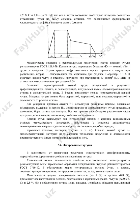 олько высокой прочностью, но и пластичностью. получение шаровидного графита в чугуне достигается модифицированием расплава присадками, содержащими mg, са, се и другие редкоземельные металлы (рзм). химический состав и свойства высокопрочных чугунов регламентируются гост 7293-85 и маркируются буквами «в» — высокопрочный, «ч» — чугун и числом, обозначающим среднее значение предела прочности чугуна при растяжении. например, вч 100 — высокопрочный чугун, предел прочности при растяжении 1000 мпа (или 100 кг/мм2). высокопрочный чугун с шаровидным графитом является наиболее перспективным литейным сплавом, с помощью которого можно успешно решать проблему снижения массы конструкций при сохранении их высокой надежности и долговечности. высокопрочный чугун используют для изготовления ответственных деталей в автомобилестроении (коленчатые валы, зубчатые колеса, цилиндры и др.). 5.5. белый и ковкий чугун белые чугуны характеризуются тем, что у них весь углерод находится в химически связанном состоянии — в виде цементита. излом такого чугуна имеет матово-белый цвет. наличие большого количества цементита придает белому чугуну высокие твердости, хрупкость и …