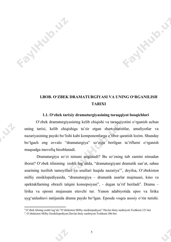a amalga oshiriladi. badiiy adabiyotning mavjud bo‘lgan uch turi – epos, lirika, dramatikadan iborat bo‘lganligini e’tirof etgan holda, dramaturgiyaning ham uch turi: tragediya, komediya va drama ( tor ma’noda) janrlari haqida batafsil fikr yuritiladi. bu janrlarni tahlil qilishdan avval dramaturgiya – drama degan fikrni anglash juda o‘rinli hisoblanadi. dramani – harakatlantiruvchi, harakat deguvchilar fikrida asos bor. chunki, harakatsiz drama vujudga kelmaydi. shu bois harakatni – dramaning qon tomiri degan ta’rif beuvchi olimlarning fikri ham asoslidir. dramaning asosida g‘oyani ochuvchi fabula birlamchi, fabuladan syujetgan o‘tish jarayonini kompozitsiya ta’minlanishini e’tirof etish zarur. chunki, dramada inson tuyg‘ulari qalamga olinadi. ijodkor har qancha mahoratli so‘z san’atkori bo‘lmasin, o‘z g‘oyasi va maqsadiga to‘la erishgan hisoblanmaydi. mabodo ijodkor maqsadi, g‘oyasi, nuqtayi nazari izchil va aniq bo‘lmasa, uning asari tuzilish jihatidan puxta, muvofaqqiyatli chiqmaydi. bu o‘rinda asardagi uyg‘unlikga alohida e’tibor berish lozim. asardagi har bir detal, har bir element bir-birini talab qilsa, bir-biriga singib ketsa, ana shu …