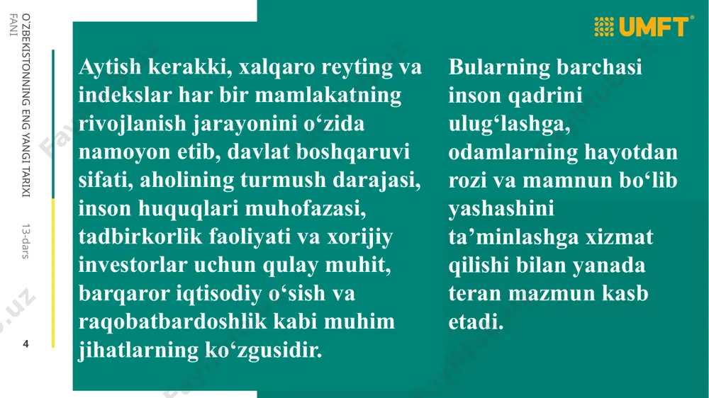 tlari va senatorlarining xalq tomonidan saylanishini inobatga oladigan bo‘lsak, mazkur mexanizm sohadagi chora-tadbirlar ijrosi ustidan xalq nazorati o‘rnatilganligini anglatadi. . 2020 yilda jahon bankining “biznes yuritish”indeksida 76-o‘rindan 69-o‘ringa ko‘tarilishimizga, “transparency international”ning korrupsiyani qabul qilish indeksi hamda “world justice project”ning qonun ustuvorligi indeksida mamlakatimiz o‘rni yaxshilanishiga olib keldi.shu bilan birga, bu yo‘nalishda hali qilinishi kerak bo‘lgan vazifalar talaygina.prezidentimiz farmoni asosida davlat organlari faoliyati natijadorligini oliy, ya’ni parlament darajasida nazorat qilish belgilanganidan maqsad —bu borada vazirlik va idoralar rahbarlarining mas’uliyatini oshirishdir. 13-dars ‹#› o`zbekistonning eng yangi tarixi fani xalqaro reyting va indekslarning ahamiyati, oldimizda turgan ustuvor vazifalarni belgilash, reyting agentliklarining metodologiyalarini o‘rganish maqsadida mahalliy hokimliklar hamda vazirlik va idoralar mas’ullari uchun maxsus treninglarni boshladik. shu bilan birga, eng asosiy ishimiz qonunlar va boshqa normativ-huquqiy hujjatlarning amaldagi ijrosini, bir so‘z bilan aytganda, qonun ustuvorligini ta’minlashdir. bu borada biz parlament va jamoatchilik nazoratini qat’iy yo‘lga qo‘yishga kirishdik va, albatta, ijobiy natijalarga erishamiz. 13-dars ‹#› …
