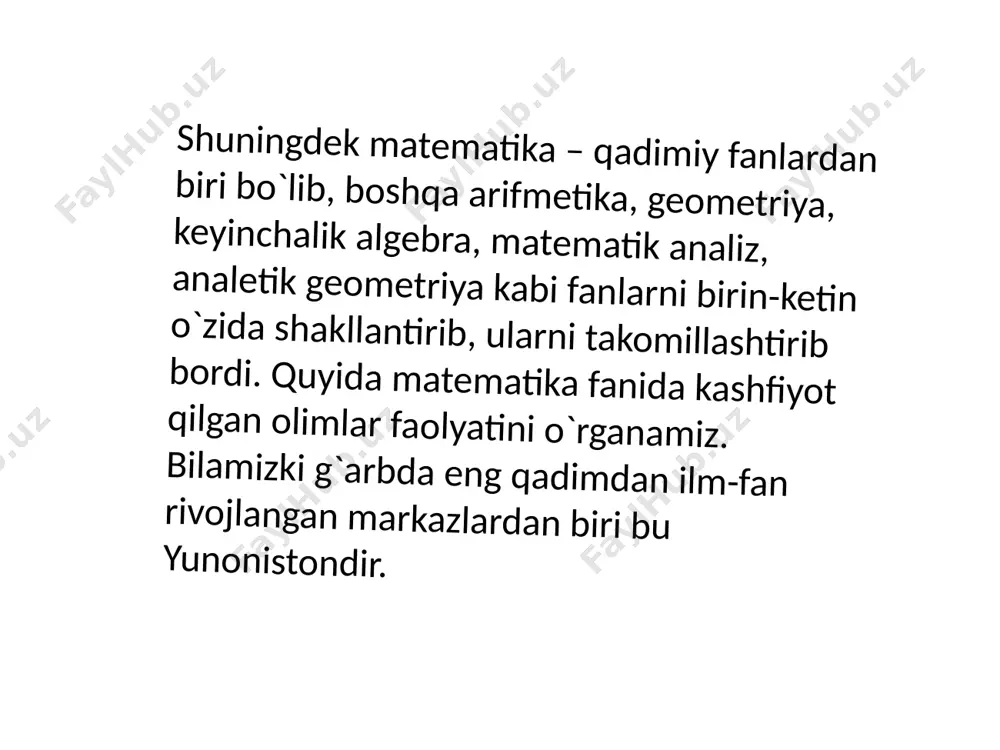 yuritdi. uning fikrlari keyinchalik n.v lobachevskiy tomonidan quvvatlandi. hayyomning bilib doirasi keng ekanligini hisobga olib, saljuq sultoni malikshoh uni saroy olimi darajasigacha ko`tardi va unga kalendar tuzishni topshirdi . uning tuzgan kalendari (1079) amalda qo`llanmay qolgan bo`lsa ham, yevropada undan 500 yil keyinroq qabul qilingan va hozirgi kungacha amalda qo`llanilayotgan grigorian kalendaridan ancha-muncha aniq bo`lgan. shuni unitmaslik kerakki matematika fanida intuitsiyaning roli nihoyatda katta. shunday olimlar borki, ular amalyot, fan qo`ygan yirik muammoni yechish uchun qaysi yo`llar bilan borish lozimligini, har bir yo`lda qanday qiyinchiliklar bo`lishi mumkinligini oldindan ko`ra oladilar . shu xislatga ega bo`lgan olimlardan yana biri bu mashhur hind matematigi sirinivasa ramanujan (1887-1920). u tug`ma talant va o`ziga xos fikirlash sohibi, chuqur ilmiy intuitsiyaga ega ajoyib matematik edi. ramanujan, aytish mumkinki, matematikani mustaqil egalladi. uning topgan formulalari haqiqiy san’at asarlari kabi nihoyatda chiroyli bo`lib, kishiga zavq bag`ishlaydi. uning bu formulalarni qanday qilib topa olganligi ramanujan taniqli ingliz matematigi …