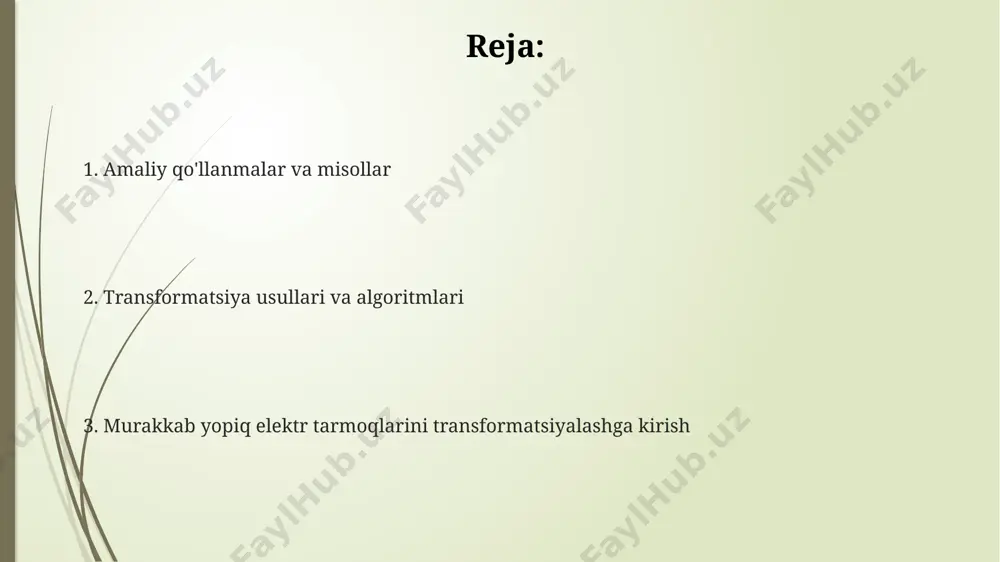 b tarmoqlarga qo'llash, energiya samaradorligini 15% gacha oshirish imkonini beradi, mikrogridlar va energiya yig'ish tizimlarida qo'llanishi mumkin. kompleks elektr zanjirlarini soddalashtirishning asosiy usullari (tevenin, norton) va ularning 2-tartibli zanjirlarni tahlil qilishdagi samaradorligi tasdiqlandi, bu kelajakda yuqori tartibli tizimlarga moslashtirilishi mumkin. xulosa va kelajakdagi yo'nalishlar amaliy misollar va simulyatsiya amaliy misollar va simulyatsiya murakkab elektr zanjirlarida 10 dan ortiq elementdan iborat, masalan, kuchlanish bo'luvchi va tok bo'luvchi zanjirlarda tok va kuchlanishni hisoblash uchun simulyatsiya dasturlarini qo'llash. elektr tarmog'ida quvvat omilini yaxshilashni simulyatsiya qilish orqali kondensator batareyalarining optimal hajmini 20 kvar qadamlarda hisoblash va 0.95 dan yuqori ko'rsatkichga erishish. superpozitsiya teoremasi va uning qo'llanilishi superpozitsiya teoremasi chiziqli elektr zanjirlarida qo'llaniladi, bunda zanjirdagi har bir mustaqil manba (masalan, 5v kuchlanish manbai yoki 2a tok manbai) o'z ta'sirini alohida hisobga oladi. superpozitsiya usuli 10 ohm va 20 ohm qarshilikdagi murakkab zanjirlarda, birdan ortiq kuchlanish yoki tok manbalari mavjud bo'lganda, har bir elementdagi tok kuchini …