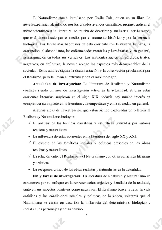 estino. algunas de las características de la literatura de realismo y naturalismo son: 1. detallada descripción de ambientes y paisajes. 2. representación de personajes de clases sociales bajas o marginales. 3. enfoque en aspectos crudos y crueles de la realidad. 4. experimentación con nuevas formas de narrativa y estructura. 5. crítica social y política. para investigar más sobre este tema, se pueden llevar a cabo las siguientes tareas: 1. investigar la importancia de autores clave del periodo como gustave flaubert, émile zola, benito pérez galdós, y otros en el desarrollo del realismo y naturalismo literarios. 2. analizar cómo el contexto social y político de la época influyó en la producción literaria realista y naturalista. 3. comparar y contrastar las diferencias entre el realismo y el naturalismo en términos de temas, enfoques y técnicas literarias. 4. explorar la influencia de la ciencia y la filosofía en la literatura naturalista. objeto de …