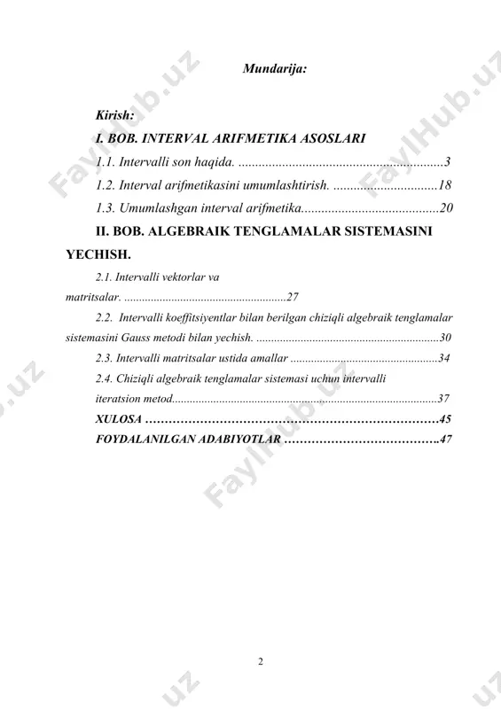 rni o‘rganishda matematik modellashtirish eng asosiy sohalardan biri bo‘lib qolmoqda. bu sohani o‘zbekistonda rivojlanishiga akademiklar qobulov v.q, bondarenko b.a, bo‘riev t.b , jo‘raev t.d , abutaliev f.b, bekmurodov t.f , kamilov a, shirinqulov, hamda professorlar nabiev o.m, fozilov sh.x, nishonov, mo‘minov n.a, nazirov sh.a , sa’dullaev va boshqalar katta hissa qo‘shmoqda. matematik modellashtirishda asosan oddiy va xususiy hosilali differensial tenglamalar mo‘him o‘rin tutadi. chegaraviy masalalarni echishda masala chiziqli algebraik tenglamalarni va tenlgamalar sistemasini echishga olib kelinadi. shu sababli chiziqli algebraik tenglamalar sistemasini aniq echimini topishning turli usullari ishlab chiqilgan. bu usullar asosan ikki xil bo‘lib, ular to‘g‘ri va iteratsion usullar deb nomlanadi. to‘g‘ri usullarga misol sifatida gauss, kramer va matritsa usullarini aytib o‘tish mumkin. bu usullar tenglamal sistemasining koffitsientlari haqiqiy sonlardan iborat bo‘lganda echimni mavjudligi va yagonaligi haqida hamda aniq echimni topishda muhim ahamiyatga ega. ammo, bu usullarning kamchiligi shundan iboratki, tenglamalar sistemasining koeffitsientlari taqribiy olinganda aniq echimni to‘g‘ri baholay …