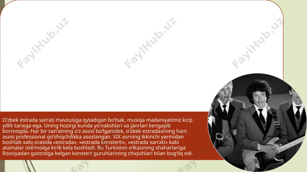 vofiqlashtirish kengashi tuzildi. kengash badiiy-musiqiy jamoalar oldiga bir qancha asosiy vazifalar va talablar qoʻydi. qoʻshiqlarda aks etgan milliylik gʻururi, vatanga sadoqat, milliy ohanglar tinglovchilar qalbida vatan tuygʻusini yanada joʻsh urishiga zamin boʻlmoqda. e’tiboringiz uchun raxmat image3.png image4.png image5.png image6.png image7.png image8.png image9.png /docprops/thumbnail.jpeg