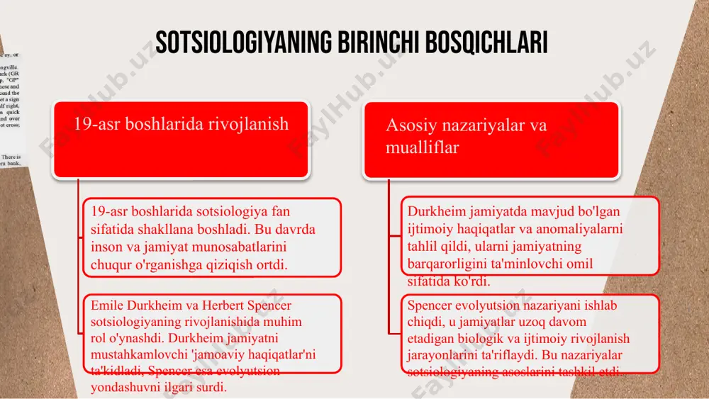 ifatida tahlil qiladilar. madaniyat ijtimoiy hayotni tashkil etadi. madaniyat va ijtimoiy struktura murakkab bog'langan bo'lib, individ va kollektiv xulq-atvorini shakllantiradi. qadriyatlar va me'yorlar orqali rollar aniqlanadi. sotsiologlar madaniyatning ijtimoiy o'zgarishlarga ta'sirini ham o'rganadilar. yangi texnologiyalar va globalizatsiya jamiyat dinamikasini belgilaydi. sotsiologiya va zamonaviy muammolar zamonaviy muammolarni sotsiologik nuqtai nazardan tahlil qilish, masalan, texnologiya va globalizatsiya ta'siri. max weber va anthony giddens kabi sotsiologlar zamonaviy muammolarga o'z yondashuvlarini taklif qilgan, ularning nazariy asoslari muhim. sotsiologlar muammolarni hal qilishda ijtimoiy siyosat va amaliy strategiyalarni qo'llaydi, masalan, tengsizlikni kamaytirish va ta'lim sifatini oshirish. sotsiologiya angliya va o’zbekistonda ushbu slaydda angliya va o'zbekiston sotsiologiyasining rivojlanish tarixiga umumiy nazar tashlanadi. har ikkala mamlakatdagi sotsiologik fikrlar va ularning ijtimoiy kontekstdagi o'zgarishlari yoritiladi. angliya sotsiologiyasi xix asrda karl marx, durkheim va weber bilan rivojlandi. bu mamlakat ijtimoiy struktura va harakatlarni o'rganadi. o'zbekistonda esa sotsiologiya 20-asrda ijtimoiy o'zgarishlar, milliy identitet va madaniyat muammolari bilan rivojlandi. ikkala mamlakatda sotsiologiya …