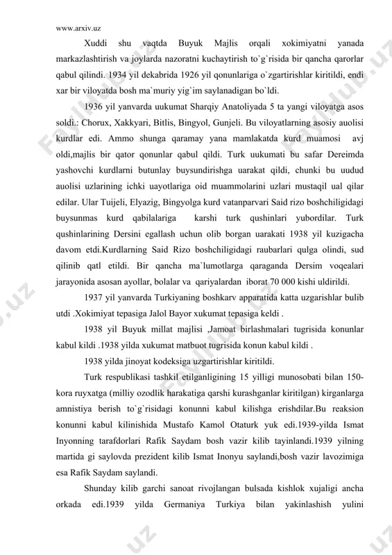 i . 1938 yilda jinoyat kodeksiga uzgartirishlar kiritildi. turk respublikasi tashkil etilganligining 15 yilligi munosobati bilan 150- kora ruyxatga (milliy ozodlik harakatiga qarshi kurashganlar kiritilgan) kirganlarga amnistiya berish to`g`risidagi konunni kabul kilishga erishdilar.bu reaksion konunni kabul kilinishida mustafo kamol otaturk yuk edi.1939-yilda ismat inyonning tarafdorlari rafik saydam bosh vazir kilib tayinlandi.1939 yilning martida gi saylovda prezident kilib ismat inonyu saylandi,bosh vazir lavozimiga esa rafik saydam saylandi. shunday kilib garchi sanoat rivojlangan bulsada kishlok xujaligi ancha orkada edi.1939 yilda germaniya turkiya bilan yakinlashish yulini tutdi .turkiyaga juda katta mikdordagi zayomlar berdi .(87.mln.lira,48%.)shunday kilib germaniya uzining ideologiyasiniturkiyaga kiritmokchi buldi.ammo,angliya ,fransiya,aksh kabi davlatlar xam turkiyaga uz ta`sirini utkaza boshladi. ularning maksadi turkiyani uz ta`siriga utkazmokchi buldi.1939 yil19 oktabrda ankarada angliya va fransiya bilan shartnoma imzoladi .bunga kura agar biror mamlakat turkiya bilan xamkorlik kilmokchi bulsa, avval germaniya va angliya bilan maslaxat kilishi kerak edi .turkiya ingliz-fransuz blokiga kirdi. 1941 yil baxorida deyarli butun …