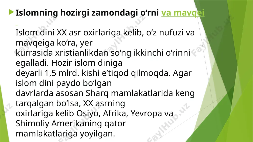 l qo‘ymaydilar. islom qadriyatlari va hozirgi zamon kishilarni o'tmishga, undagi qadriyatlarga, ma'naviy madaniyatga hurmat bilan qarash ruhida tarbiyalash ularga shaxsiy va ijtimoiy hayotda to'g'ri yo'l topishda yordam beradi. bunday yo'l topa olmagan kishilar o'zlarini qiyin ahvolga solib qqo'yadilar. haddan tashqari chetga chiqishlar esa ko'pincha haqiqatning ayon bo'lmay qolishiga olib keladi.dinda umuminsoniy qadriyatlar juda ko'p. hozirgi zamon ruhoniylari ham dahriylar kabi unutgan bu qadriyatlarni tiklamoqdalar; zamona ehtiyoji va manfaatlariga xizmat qiladiganlarni qayta tilga kirgizmoqdalar. biz ularga bu xayrli ishda ittifoqchi va xayrixohmiz. hozirgi diniy uyushmalar rahbariyatining xalq ommasi, jumladan oddiy dindorlar orasida hurmat va obro'ga tobora ko'proq ena bo'lib borayotganligining o'z sabablari bor. bulardan biri, ular dunyoviy bilim, ilm-fan, madaniyat, ma'naviyat, e'tiqod va imonni tan olib,e'tirof etmoqdalar. hozir oliy islom o’quv yurtlarida 19 -20 turdagi fanlardan dars o’tilib, imtihon olinadi. bu o’quv predmetlarining yarmidan ko’pi dunyoviy bilimlar ekanligi hammamizga ma’lum. bu hol hozirgi zamon ruhoniylarining ilm-fandan iborat qadriyatlarga har qachongidan ham …