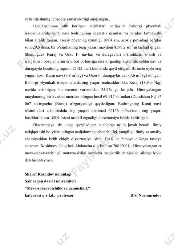 hsuldorligi o‘rganilib, yuqori sifatli nav va duragaylar yetishtirish ilmiy asoslangan. bundan tashqari, plyonkali issiqxonalarda bodring duragaylarini yetishtirishning iqtisodiy samaradorligi aniqlangan.. u.a.xoshimov olib borilgan tajribalari natijasida bahorgi plyonkali issiqxonalarida kuraj navi bodringning vegetativ qismlari va barglari ko‘payishi bilan ajralib turgan, asosiy poyaning uzunligi 108,4 sm, asosiy poyadagi barglar soni 29,5 dona, bir o‘simlikning barg yuzasi maydoni 8599,2 sm2 ni tashuil qilgan. shuningdek kuraj va orzu f1 navlari va duragaylari o‘simliklari o‘sish va rivojlanish bosqichlarini erta bosib, hosilga erta kirganligi kuzatilib, ushbu nav va duragayda hosilning tugashi 21-22 mart kunlarida qayd etilgan. birinchi oyda eng yuqori hosil kuraj navi (3,8 m2/kg) va orzu f1 duragaylaridan (3,6 m2/kg) olingan. bahorgi plyonkali issiqxonalarda eng yuqori mahsuldorlikka kuraj (18,9 m2/kg) navida erishilgan, bu nazorat variantidan 35,9% ga ko‘pdir. himoyalangan maydonning bir kvadrat metrdan olingan hosil 69 917 so‘mdan (durafshon f1) 95 067 so‘mgacha (kuraj) o‘zgarganligi qaydetilgan. bodringning kuraj navi o‘simliklari etishtirishda eng yuqori daromad 62156 …
