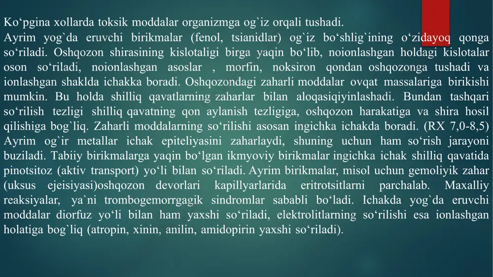 iqdori oshqozonga tushadi. ko‘pchilik organik zaharlar jigarda metabolitlar hosil qilib, o‘t bilan ichakka tushadi. ularning bir qismi ichakdan qonga so‘rilib, siydik bilan chiqariladi, bir qismi yo‘g`on ichak orqali tashqariga chiqariladi. uchuvchi noelektrolitlarning ko‘pchiligi o‘zgarmagan holda nafas yo‘llari orqali havoga chiqariladi. bu moddalarning suvda erish tezligi qancha kam bo‘lsa, shunchalik tezlikda tashqariga chiqariladi. yog` to‘qimasida to‘plangan birikmalar u erda to‘planib, asta-sekinlik bilan, misol uchun ingalyatsion yo‘l bilan xloroformning 50%i 8-12 soatda, qolganlari esa bir necha sutkadan so‘nggina tashqariga chiqariladi. ko‘pchilik noelektrolitlar organizmda biotraisformatsiyaga juda sekinlik bilan uchraydi va chiqarilgan nafas orqali suv va uglekislota ko‘rinishida ajraladi. uglekislotalar ko‘pchilik organik moddalar, shu jumladan benzol, stirol, atseton, etilengikol metabolizmi oqibatida hosil bo‘ladi. teri, ter bezlari orqali noelektrolitlar (etil spirti, atseton, fenol, xlorlangan uglevodorod) ajraladi. lekin bu yo‘l bilan tashqariga chiqariladigan zaharli moddalar miqdori juda oz bo‘lganlagi sababli muhim ahamiyat kasb etmaydi. detoksikatsiya deganda organizmga tushgan toksik moddalar ta`sirini to‘xtatish va organizmdan chiqarib yuborish …