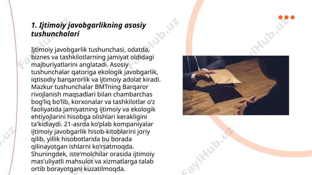 irishi mumkin. mijozlarga yo'naltirilgan strategiyalarni joriy etishda ijtimoiy jasorat amaliyotlari raqobatbardoshlikni 30% orttiradi. korporativ ijtimoiy mas'uliyat dasturiga ega bo'lgan tashkilotlar 77% barqarorlikka erishadi, raqobatchilarga nisbatan. ... t.me/slaydai_bot foydalanuvchilar bilan ijtimoiy hamkorlikning ahamiyati bugungi kunda muhimdir, chunki internet foydalanuvchilari soni 2023-yilda butun dunyo bo'ylab taxminan 5 milliarddan oshdi. o'zbekistonda esa, 2023 yil ma'lumotlariga ko'ra, internet foydalanuvchilari soni 20 millionga yaqinladi. ijtimoiy tarmoqlar orqali foydalanuvchilar bir-birlari bilan muloqot qilib, turli ma’lumot va tajribalarni baham ko'rishmoqda. 2022 yilda facebook foydalanuvchilarining soni 2,9 milliardga yetdi va instagram foydalanuvchilari 1,4 milliardni tashkil etdi. ushbu platformalar, foydalanuvchilarni turli mavzular atrofida birlashtiruvchi va tarmoqdan tashqarida ham hamkorlikni rivojlantiruvchi vositalar sifatida ishlatilar. ... t.me/slaydai_bot 7. ijtimoiy javobgarlik va innovatsion g'oyalar ijtimoiy javobgarlik va innovatsion g'oyalar mavzusida zamonaviy dunyoda 80% dan ortiq kompaniyalar ijtimoiy javobgarlik strategiyalarini qo‘llab-quvvatlaydi. korporativ ijtimoiy javobgarlik doirasida investitsiyalar yiliga o‘rtacha 15% o‘smoqda. innovatsion g‘oyalar esa iqtisodiy samaradorlikni 30% ga oshirishi mumkin. harvard business review ma'lumotlariga …