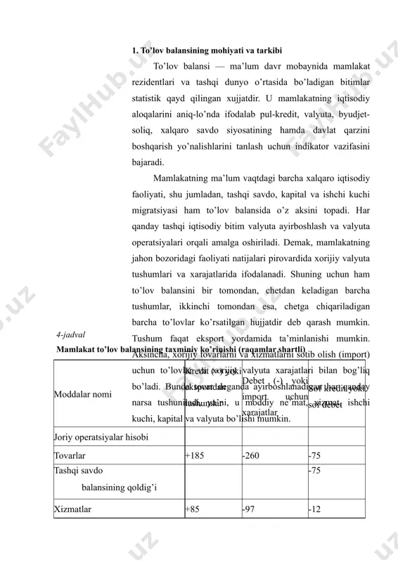 yalardan daromadlar, foizlar va dividendlar bo’yicha to’lovlarni o’z ichiga oladi. agar xorijga qo’yilgan milliy kapital uchun chet to’lovlari bo’yicha tushumlar mamlakat iqtisodiyotiga jalb etilgan xorijiy kapital uchun to’lanadigan to’lovlar miqdoridan ko’p bo’lsa, unda sof daromad musbat bo’ladi (+8). transfert ko’rinishida pul o’tkazishlar shu mamlakatlarning xorijda yashayotgan fuqarolariga to’lanidagan nafaqalarni, muhojirlarning xorijdagi o’z qarindoshlariga pul o’tkazmalari, turli ko’rinishdagi hukumat yordamlarini o’z ichiga oladi. jadvaldan ko’rinib turibdiki, xorijga jo’natilayotgan pul o’tkazishlar miqdori olinayotganiga nisbatan yuqori, ya’ni, operatsiyalar mamlakatdagi xorijiy valyuta zaxiralarini kamaytiradi (-8). joriy hisoblar bo’yicha barcha operatsiyalar yig’indisi joriy operatsiyalar balansini tashkil etadi. bizning misolda u salbiy (-87). bu esa mamlakatda import operatsiyalari natijasida xorijiy valyutaga bo’lgan talab uning eksport operatsiyalari ta’minlaydigan taklifdan ortiq bo’lishini anglatadi. boshqacha aytganda, ushbu holda mamlakat to’lov balansi joriy operatsiyalar bo’yicha kamomadga ega. 2.makroiqtisodiy modellarda to’lov balansining ahamiyati makroiqtisodiy modellarda joriy operatsiyalar balansi qoldig’i quyidagicha beriladi: x - m = xn = y-(s+i+g) bu erda: x …