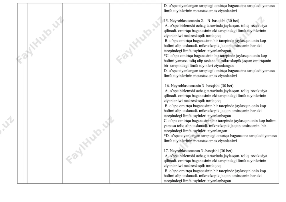 rezektsiya qilinadi. omirtqa baganasinin eki tarepindegi limfa tuyinlerinin ziyanlaniwi makroskopik turde joq b. o’spe omirtqa baganasinin bir tarepinde jaylasqan.onin kop bolimi alip taslanadi. mikroskopik jaqtan omirtqanin har eki tarepindegi limfa tuyinleri ziyanlanbagan c. o’spe omirtqa baganasinin bir tarepinde jaylasqan.onin kop bolimi yamasa toliq alip taslanadi. mikroskopik jaqtan omirtqanin bir tarepindegi limfa tuyinleri ziyanlangan *d. omirtqa baganasinin basqa tarepindegi limfa tuyinlerinen metastaz bergen bir tarepleme o’spe 18. neyroblastomanın 3 -basqishi (30 bet) a. o’spe birlemshi ochag tarawinda jaylasqan. toliq rezektsiya qilinadi. omirtqa baganasinin eki tarepindegi limfa tuyinlerinin ziyanlaniwi makroskopik turde joq b. o’spe omirtqa baganasinin bir tarepinde jaylasqan.onin kop bolimi alip taslanadi. mikroskopik jaqtan omirtqanin har eki tarepindegi limfa tuyinleri ziyanlanbagan c. o’spe omirtqa baganasinin bir tarepinde jaylasqan.onin kop bolimi yamasa toliq alip taslanadi. mikroskopik jaqtan omirtqanin bir tarepindegi limfa tuyinleri ziyanlangan *d.omirtqa baganasinin eki tarepindegi limfa tuyinlerinin orayliq metastazi 19. neyroblastomanin 4- basqıshi(30 bet) a. o’spe birlemshi ochag tarawinda jaylasqan. …