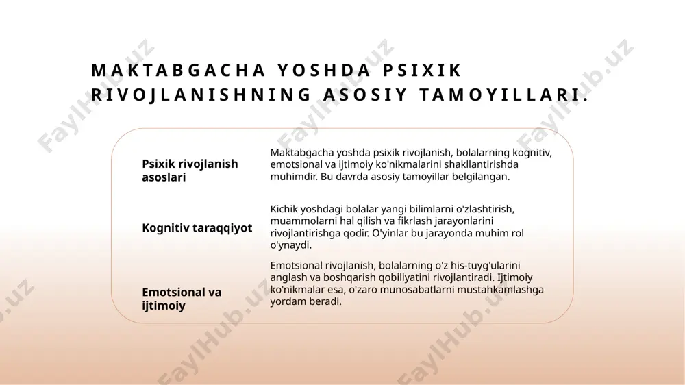 iyatida o'yinlar, bolalarning ijtimoiy ko'nikmalarini rivojlantirishda muhim rol o'ynaydi, bu esa ularning kreativ fikrlashini oshiradi. 3 oilaviy muhit oila, o'zbek madaniyatida bolalar psixologiyasining asosiy omili hisoblanadi, chunki oilaviy qadriyatlar va an'analar bolalarning emotsional rivojlanishiga ta'sir qiladi. maktabgacha yosh davrida kognitiv rivojlanishning asosiy bosqichlari. 1 kognitiv rivojlanish maktabgacha yoshda kognitiv rivojlanish bolalarning fikrlash, o'rganish va muammolarni hal qilish qobiliyatlarini rivojlantiradi, bu esa ularning umumiy rivojlanishiga yordam beradi. 2 dastlabki bosqich 2-3 yoshda bolalar tasavvur va ijodiy fikrlashni rivojlantira boshlaydilar, bu ularning atrof-muhitga bo'lgan qiziqishini oshiradi va yangi bilimlarni o'zlashtirishiga yordam beradi. 3 o'rganish jarayoni 3-5 yoshdagi bolalar tajribalari orqali o'rganishadi. ular o'yinlar va faoliyatlar orqali muammolarni hal qilishni o'rganadilar, bu esa kognitiv qobiliyatlarini kuchaytiradi. 4 fikr yuritish 5-6 yoshda bolalar mantiqiy fikrlash va muammolarni hal qilish qobiliyatlarini rivojlantiradilar. bu bosqichda ular savol berishga va javoblar izlashga qiziqish bildirishadi. kichik bolalarda fikrlash jarayonlari va ularning rivojlanishi. 01 fikrni shakllantirish kichik bolalarda fikrlash …